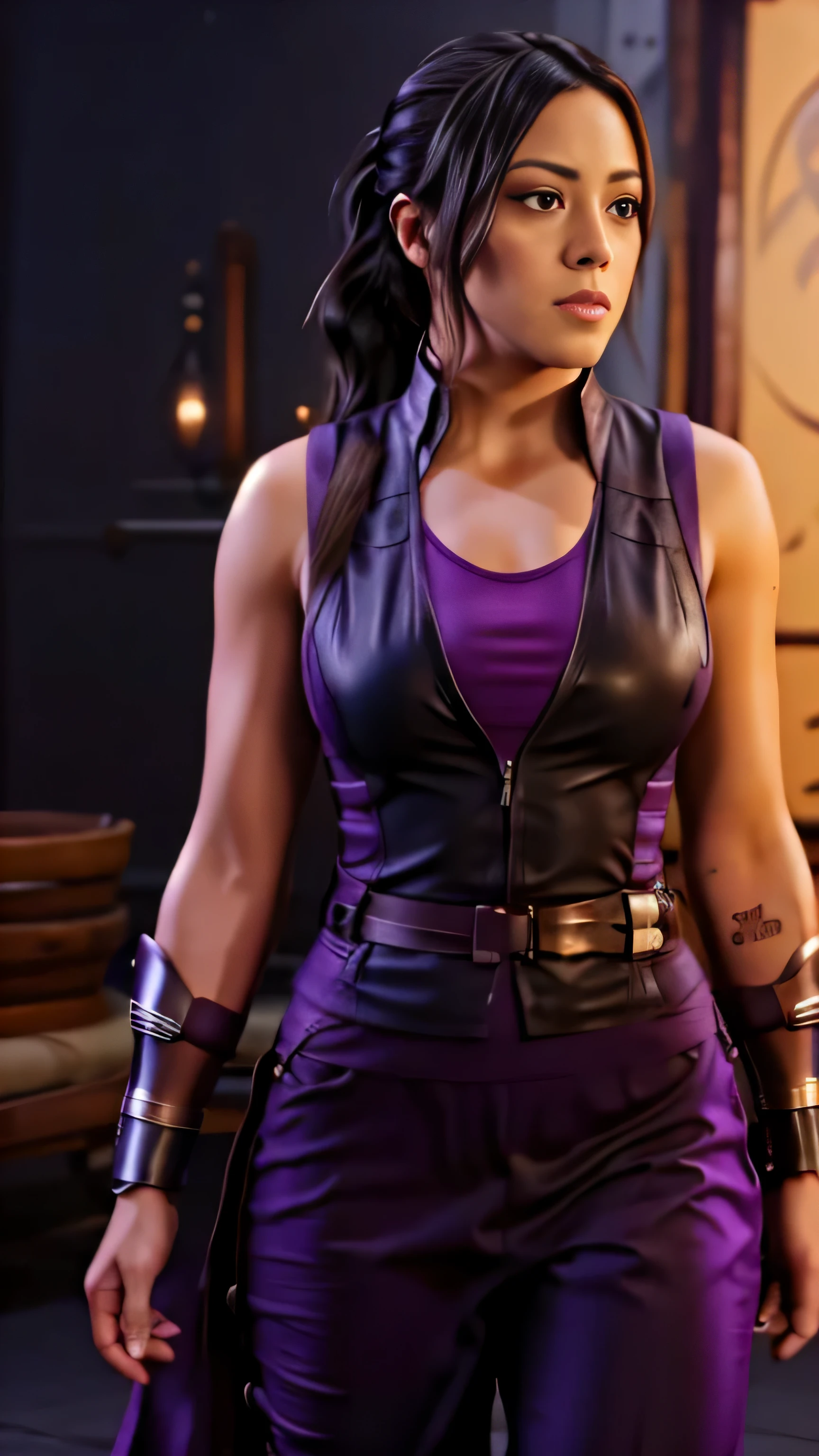 ((Chloe Bennet)) as Li Mei from Mortal Kombat, black hair, brown eyes, ponytail, shoulder tattoo, purple dress, vest, gauntlets, purple pants, pelvic curtain, 1woman, solo, full body view, front view, looking at viewer, intricate, high detail, sharp focus, dramatic, photorealistic painting art by greg rutkowski