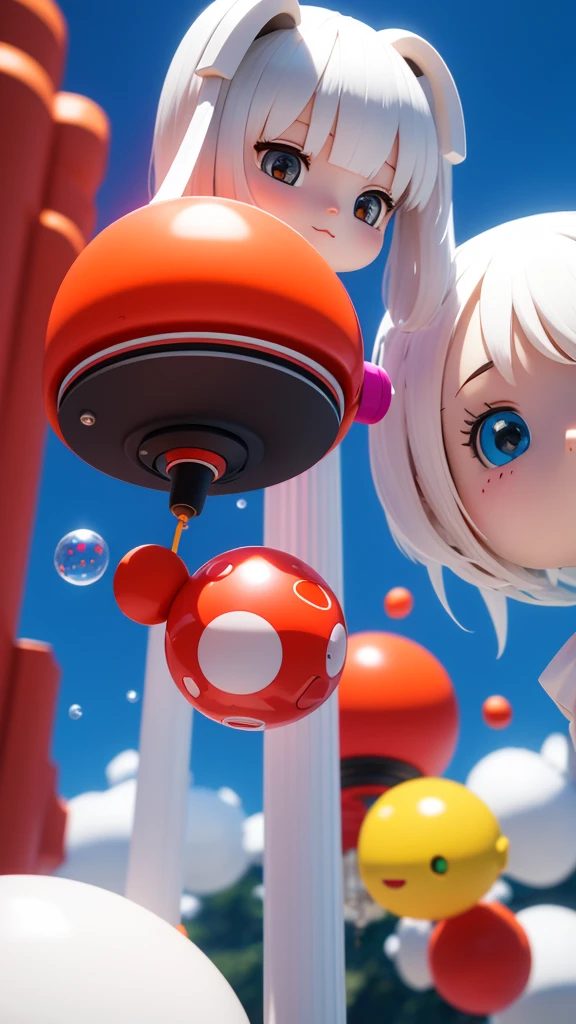 precision mech parts,3 d toys bubble ,There is a white-haired girl in the middle,Red Cliff,Kawaii,Bauhaus,rich and colorful,plastic,product design,Glowing Jelly,Global Illumination,Great lighting,3 d,The art of math,close up.3 d,Ultra Detailed,No borders,C4D,Octane Rendering,Blender,HD,whole body,Simple background
