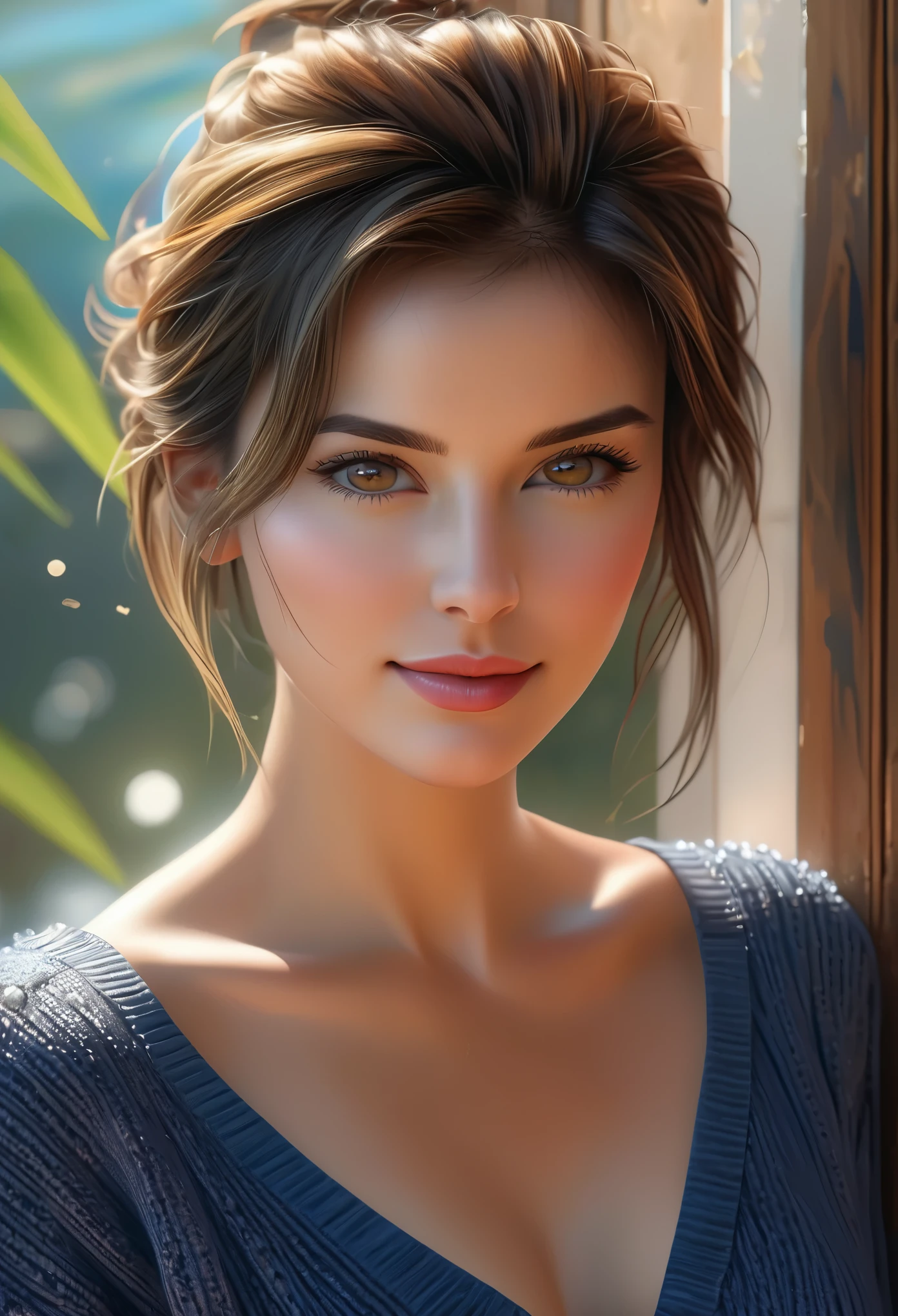 (Best Quality, 4K, 8K, High Resolution, Masterpiece: 1.2), (Super Detailed, Realistic, Photorealistic:1.37)A captivating young girl, donning a striking ensemble of red and blue, stands before a window with an air of toughness and determination. Her enchanting eyes are exquisitely detailed, capturing every glimmer and depth, while her lips boast a meticulous beauty that is both captivating and alluring. The level of detail extends to her entire face, each contour and feature meticulously rendered to perfection, creating a sense of hyper-realism that draws the viewer in. 

The girl's attire, reminiscent of oil painting art, is a work of art in itself. The fabric, skillfully crafted to resemble vibrant brushstrokes, adds a touch of dynamism to her overall appearance. It is a true reflection of the artist's talent, showcasing a mastery, (NSFW:1.5), Chignon hairstyle, beautiful nipples, 1 beautiful woman, photorealistic, ultra detailed, high resolution, 8K wallpaper, light brown hair, South Sea beach, sexy and bold swimsuit, cute big ass, sharp focus, perfect dynamic composition, realistic and finely drawn beautiful eyes, finely drawn hair, fine and realistic skin texture, smiling, close-up portrait, model body shape, (Representative Works: 1.3), (8k, photorealistic, raw photos, Highest image quality: 1.4), (30 years old mature woman),small face, beautiful face, (realistic face),no makeup、natural makeup、light makeup、 (Dark brown, short hair: 1.3), beautiful hairstyle, realistic eyes, beautiful detailed eyes, (Photorealistic skin), beautiful skin, (sweater),、Bust B Cup、 disorganized, Charm, 超High definition, Super realistic, High definition, golden ratio, FF Tifa、,sunny day beach background,