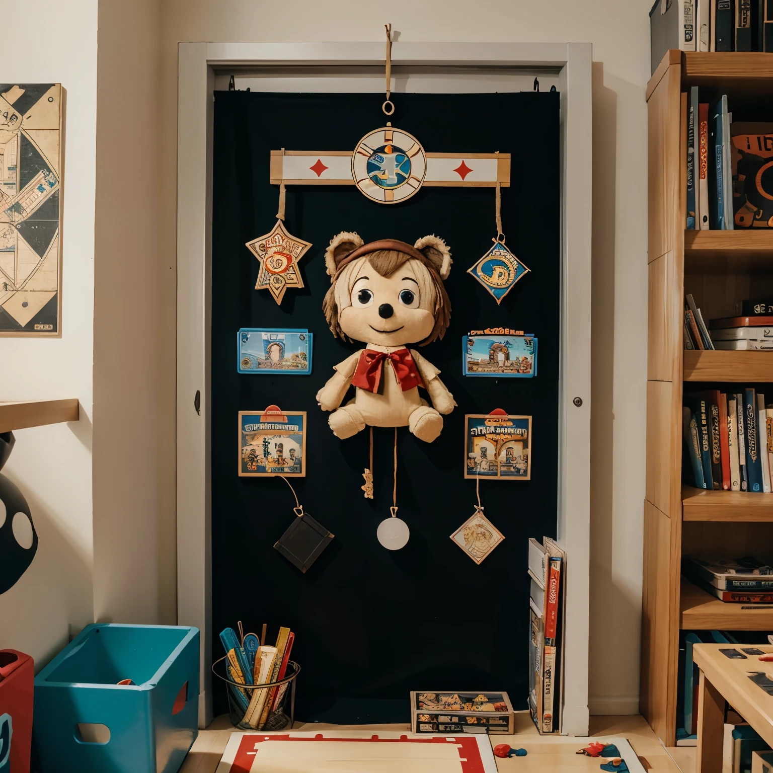 puppet surround by board games hanging aesthetic