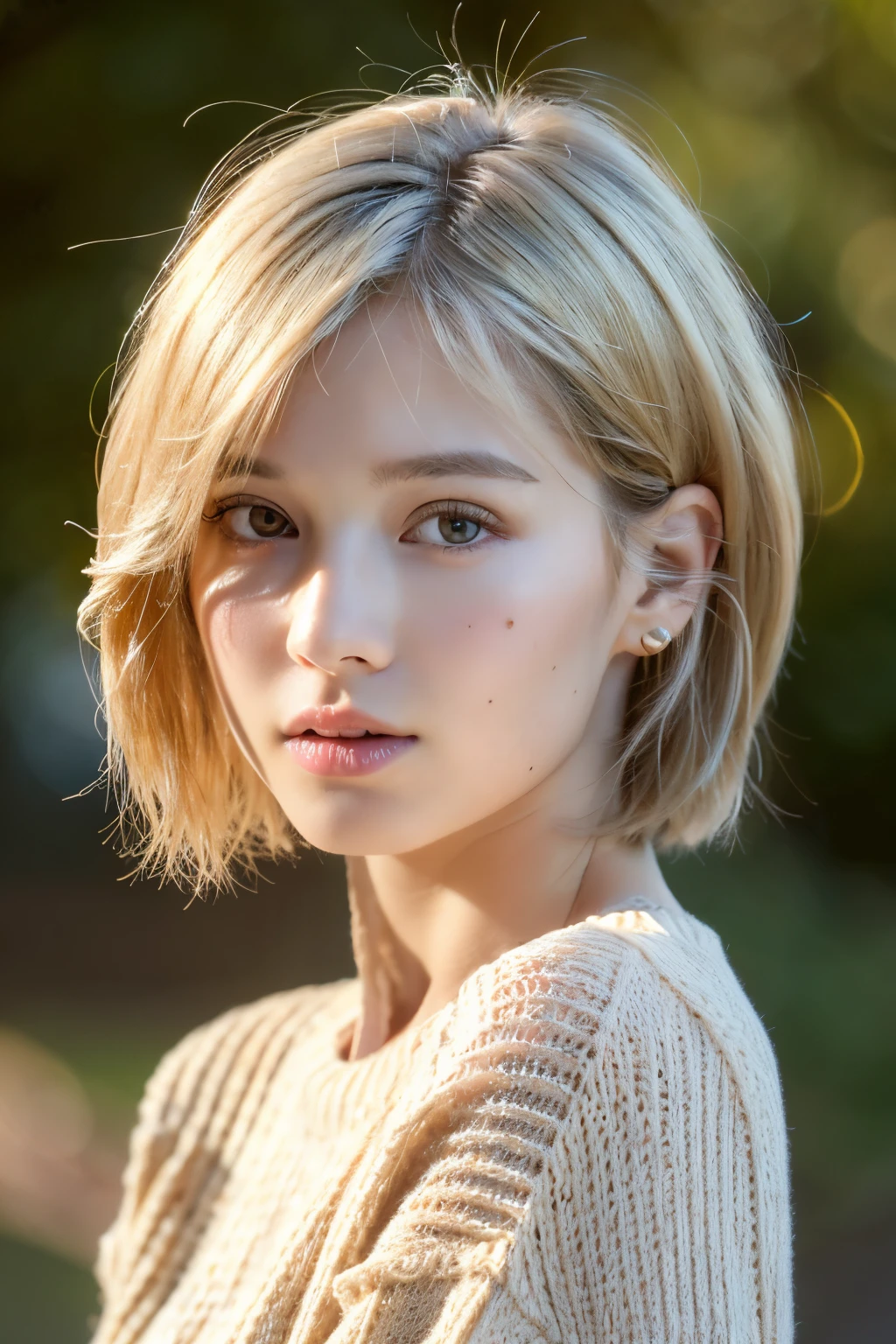 (masterpiece:1.3), (8k, Realistic, RAW Photos, highest quality: 1.4), (One girl), Beautiful Face, (Realistic Face), (Beige color short hair:1.3), Beautiful hairstyle, Realistic eyes, Beautiful fine details, (Realistic Skin), Beautiful Skin, (sweater), Absurd, Charm, Ultra-high resolution, Ultra-realistic, Very detailed, Golden Ratio　Overall hairstyle