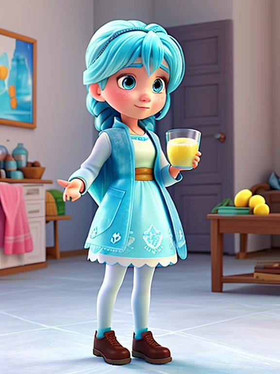 3D art "frozen", A girl with light blue hair, Holding a glass of lemonade