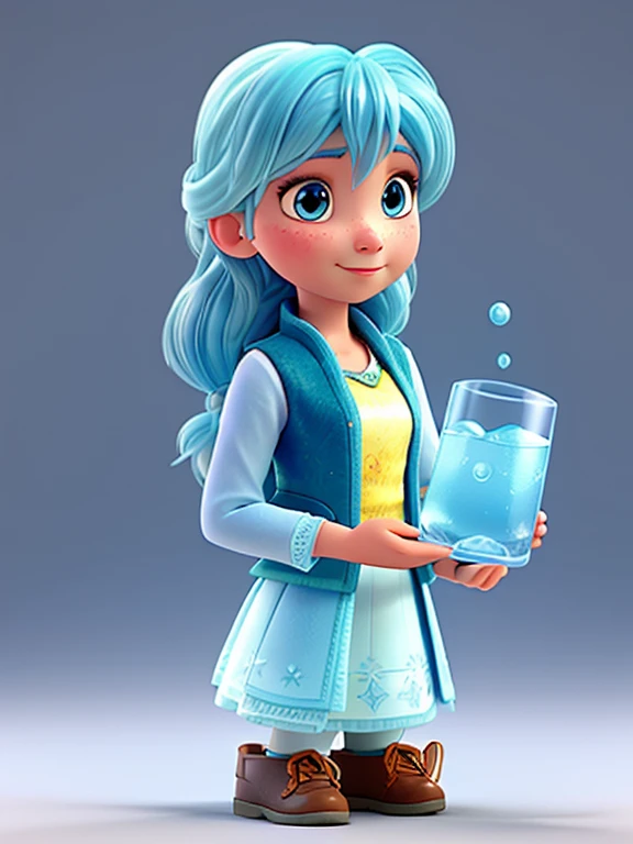3D art "frozen", A girl with light blue hair, Holding a glass of lemonade