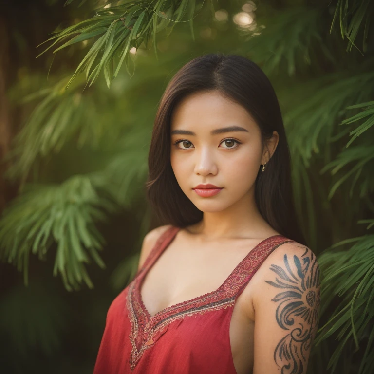 ((best quality, 8k, Masterpiece :1.3)), Clear face focus :,dark pink shirt Dark red, dark blue, tight, colorful.,) Korean style, girl style. Long hair blows up with the force of the wind.,)  White tattoo 25 years. perfect body beauty:1.4. In front of the camera. More intimate. clearer than this, There is an old, thatched hut.,) There are red flowers around.,) The sunlight shines in the evening.,) Full Body°, Highly detailed faces and textures, Detailed eyes,  alone, Realistic photos:1.37 .. The fine texture of the tattooed skin.. hand tattoo. breasts tattoo , Shot with a high quality Fuji camera., Color light 45.,000,000 pixels ,)) Too realistic,) 