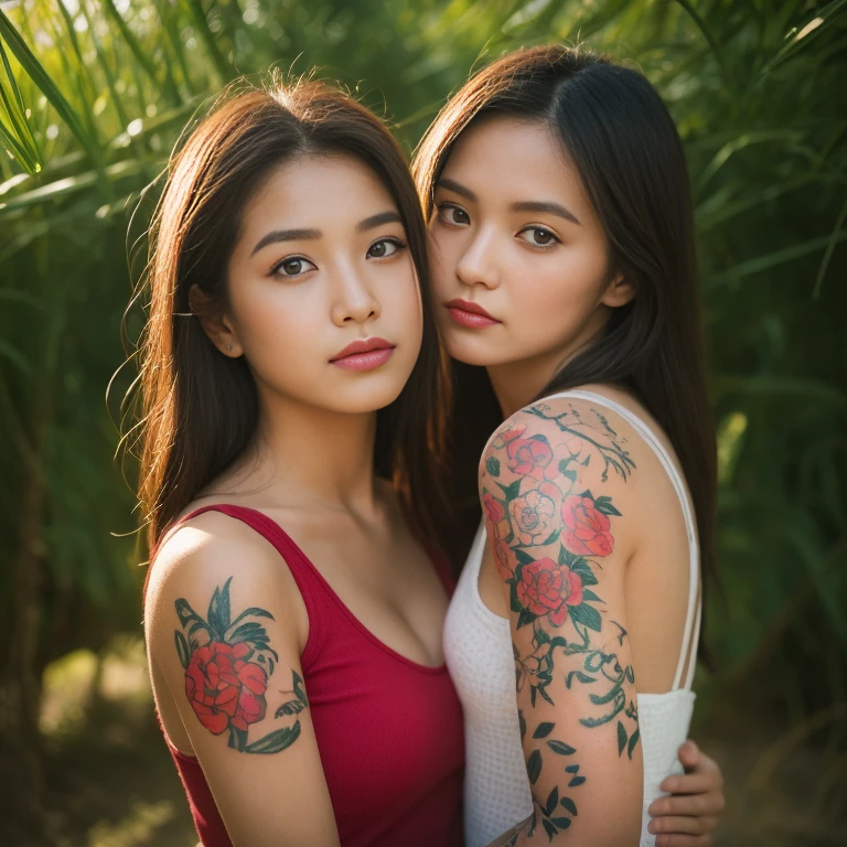 ((best quality, 8k, Masterpiece :1.3)), Sharp focus :1.2, sexy, Wearing old ripped jeans,) Wear a dark pink, tight-fitting, colorful, dark red shirt., Korean style, girl style. Long hair blows up with the force of the wind.,)  White tattoo 25 years. perfect body beauty:1.4. In front of the camera. More intimate. clearer than this, Outdoors in the countryside there is an old thatched hut.,) There are red flowers around.,) Sunlight shines brightly in the evening, the sun is about to set, glistening °Full Body°, Highly detailed faces and textures, Detailed eyes, Double eyelids_Mix 4, 20 days, alone, Realistic photos:1.37 .. The fine texture of the tattooed skin.. hand tattoo. breasts tattoo , Shot with a high quality Fuji camera., Color light 45.,000,000 pixels ,)) Too realistic,) 