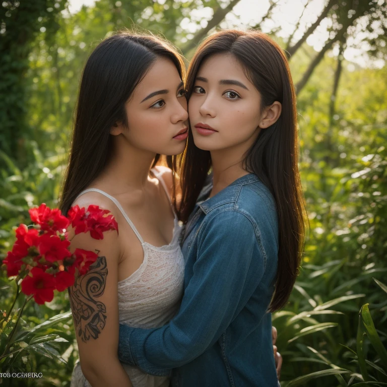 ((best quality, 8k, Masterpiece :1.3)), Sharp focus :1.2, sexy, Wearing old ripped jeans,) Wear a dark pink, tight-fitting, colorful, dark red shirt., Korean style, girl style. Long hair blows up with the force of the wind.,) White tattoo 25 years. perfect body beauty:1.4. In front of the camera. More intimate. clearer than this, Outdoors in the countryside there is an old thatched hut.,) There are red flowers around.,) Sunlight shines brightly in the evening, the sun is about to set, glistening °Full Body°, Highly detailed faces and textures, Detailed eyes, Double eyelids_Mix 4, 20 days, alone, Realistic photos:1.37 .. The fine texture of the tattooed skin.. hand tattoo. breasts tattoo , Shot with a high quality Fuji camera., Color light 45.,000,000 pixels ,)) Too realistic,)