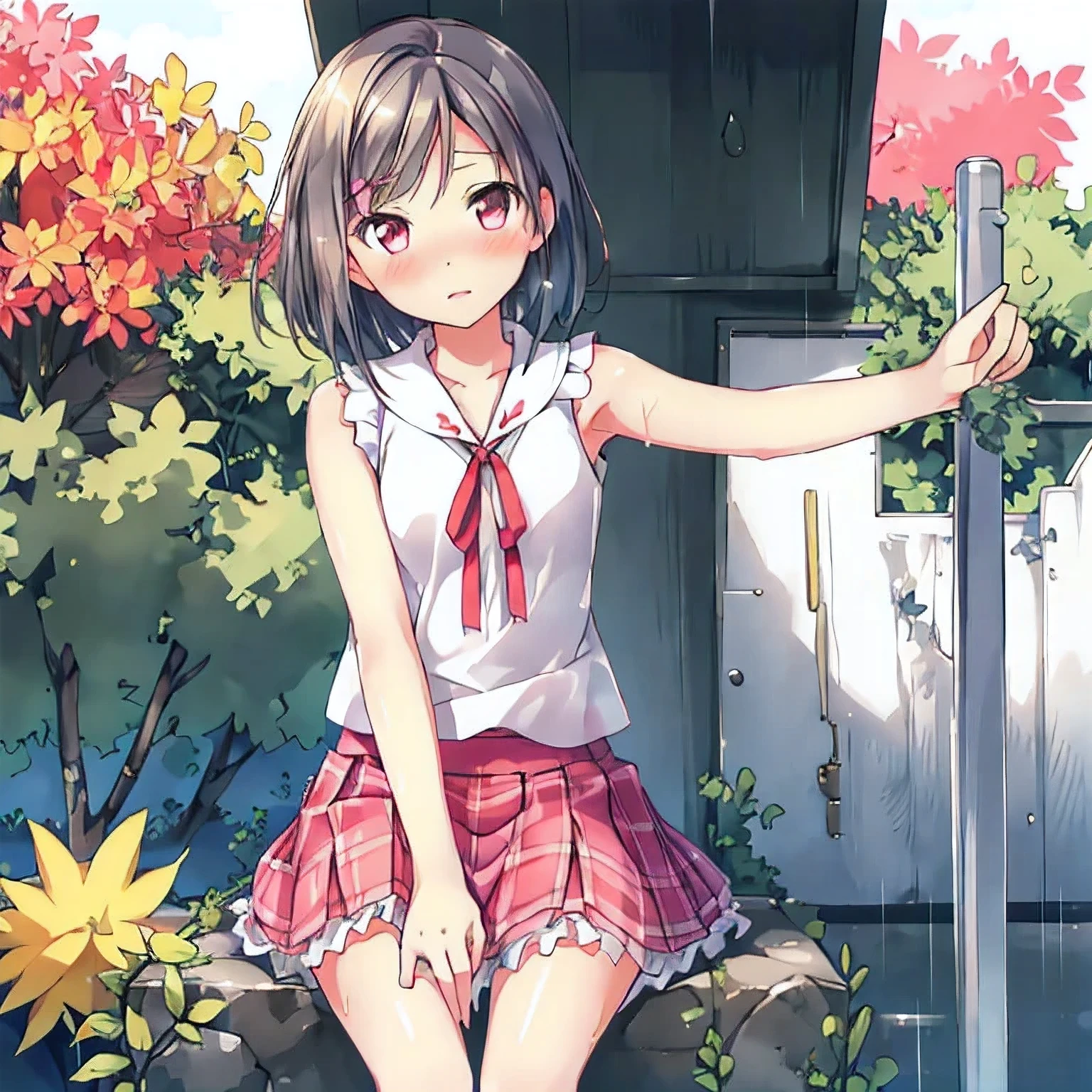 daytime, sunlight, 1 girl, 8K resolution, glowing eyes, white short skirt, Blush, sleeveless shirt, sunlight, Wet from the rain, see through, Sit on your knees., Spread your legs, pussy, the skirt is lifted up, highest quality, perfect lighting, perfect hands, perfect anatomy, Tsukiko, perfect figure, armpit, , frilled skirt, Point your right arm forward., kiss, view from below, cry,