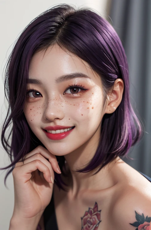 1 girl, 23 years old, south korean, idol, masterpiece, perfect face, soft skin, freckles under eyes, short whavy purple hair, bob hair, shining purple eyes, red eyeliners, red lips, tattoo in neck, big smile, closed mouth, touching cheeck, natural makeup, soft lighting, bright colors, face focus, face closeup.