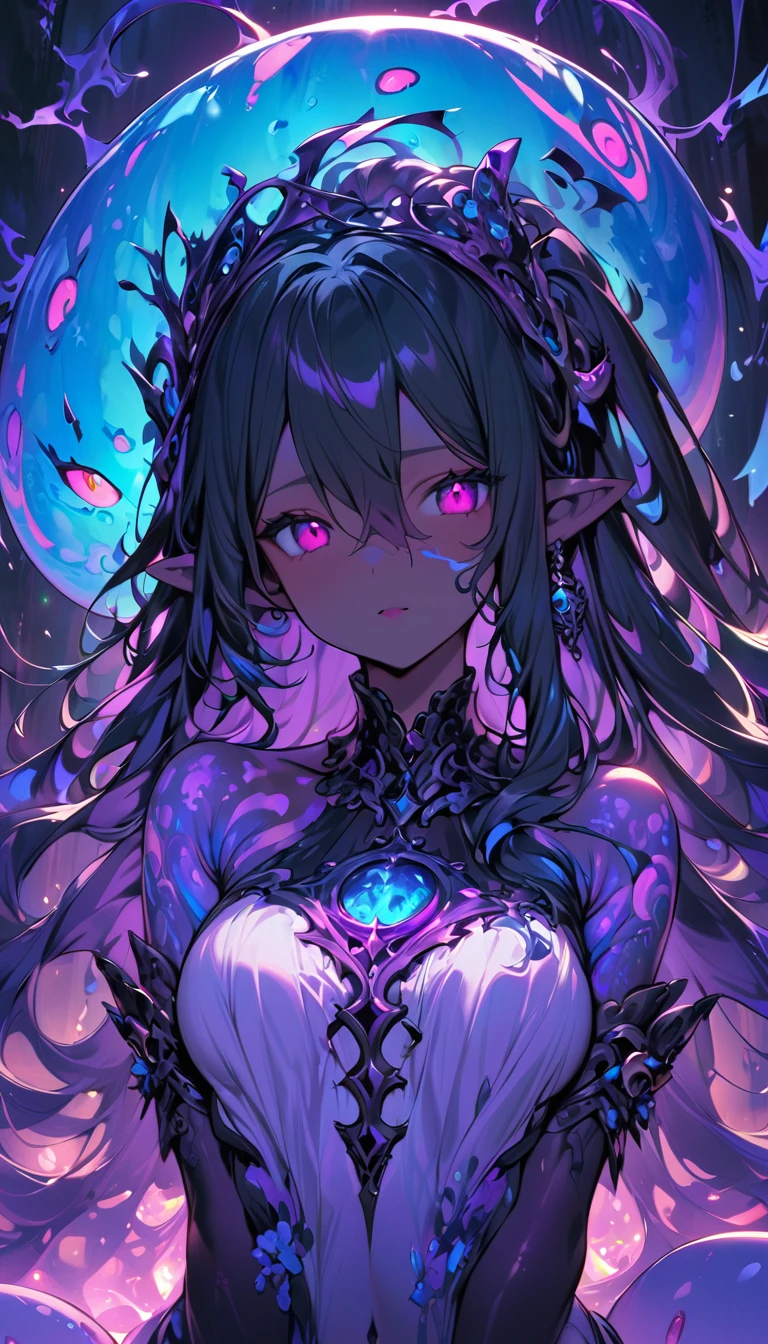 (masterpiece), (best quality:1.4), (perfect anatomy:1.4), high quality, expressive eyes, portrait, detailed face, beautiful face, perfect face, {1 girl}, In her slime form, Danua is a mesmerizing entity, her amorphous body pulsating with vibrant colors and otherworldly energy. She takes on a fluid, gelatinous appearance, constantly shifting and morphing with an almost hypnotic fluidity. Danua's slime form is translucent, allowing glimpses of the swirling colors and patterns that ripple beneath her surface. Shades of deep emerald, green mingle with iridescent blues and purples, creating an ethereal kaleidoscope of hues that dance and shimmer in the light. Her form lacks defined features, instead resembling a constantly shifting mass of gel-like substance. However, there is a sense of grace and purpose to her movements, as if she possesses a silent intelligence that guides her every shift and flow. Despite her lack of a solid form, Danua exudes an undeniable presence in her slime state. She radiates an aura of ancient power and mystique, her ever-changing form hinting at the depths of her enigmatic nature. Overall, Danua's slime form is a mesmerizing spectacle, a symphony of colors and shapes that captivates the eye and sparks the imagination.