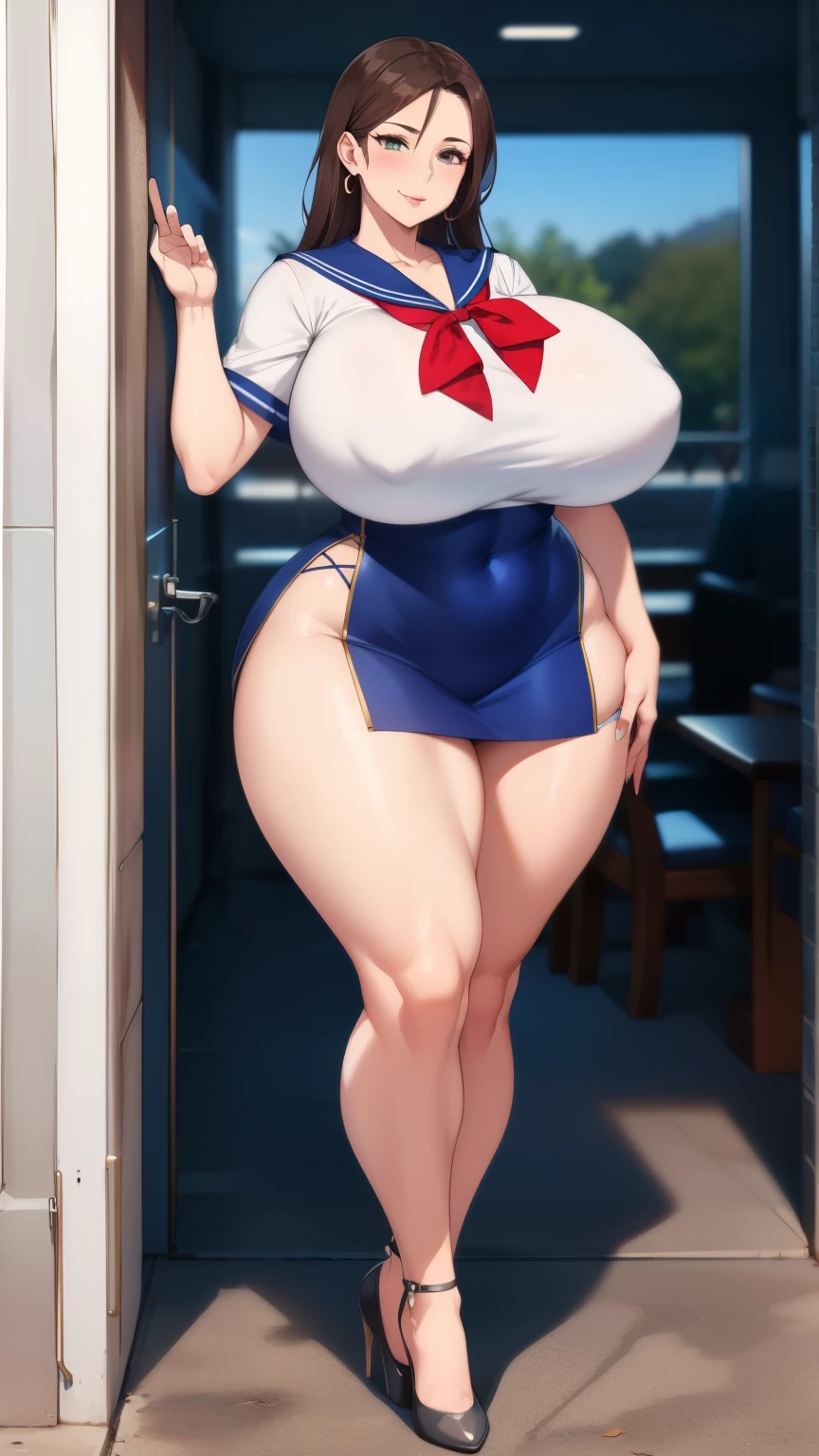 Big Breasts, Big Hips, Full Body Shot, Mature mother, Voluptuous thighs, Whole calf, Seductive mature woman, Perfect body, Plus Size Model, Sailor suit, Wearing high heels,Miniskirt Uniform,