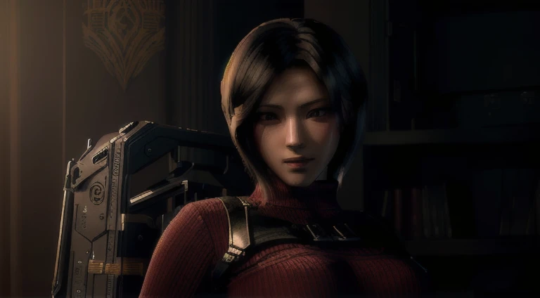 arafed woman in a dimly lit room, holding a walkie talky, 8k portrait render, glamorous jill valentine, deayami kojima, game cg, yayoi kasuma, rendered in sfm, portrait of tifa lockhart, hints of yayoi kasuma, perfect dark, photorealistic shot, video game render, faye valentine, female lead character