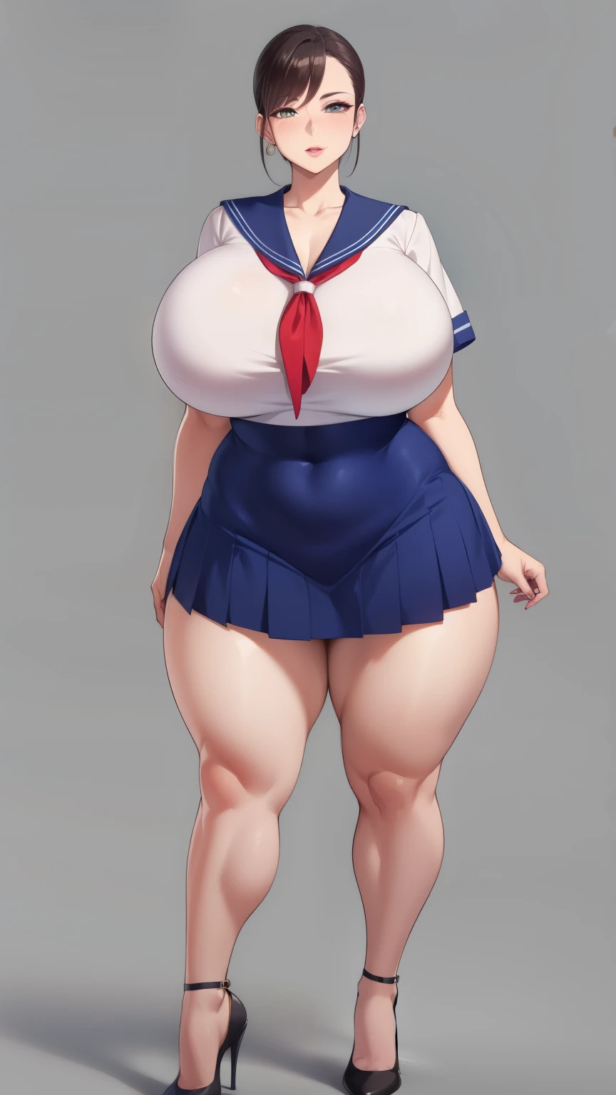 huge breasts, big hips,full body shot, mature mother, Whip whip lower body, plump thighs, plump calves, bewitching mature woman, Perfect body, plus size model,high school girl,sailor suit, skirt is short,Mature woman wearing sailor suit,