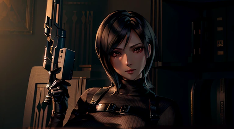 arafed woman in a dimly lit room, holding a key card, 8k portrait render, glamorous jill valentine, deayami kojima, game cg, yayoi kasuma, rendered in sfm, portrait of tifa lockhart, hints of yayoi kasuma, perfect dark, photorealistic shot, video game render, faye valentine, female lead character