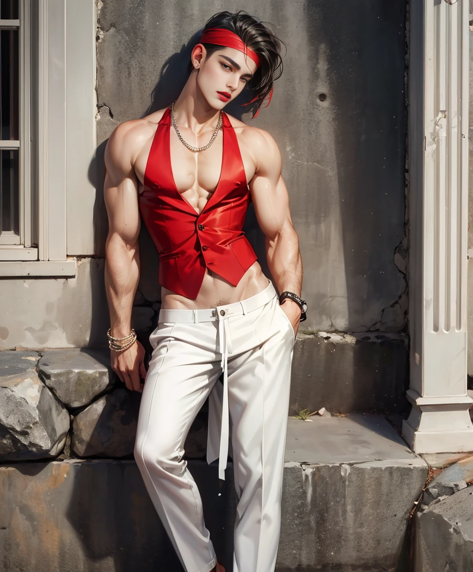 HD quality, high definition,male 18 years old handsome, muscular and slim, red lips, leaning against a wall on street, naked and wearing thong, model with bracelets, earrings and Necklace, wearing head band and sunglasses, open vest, full sexy body, 