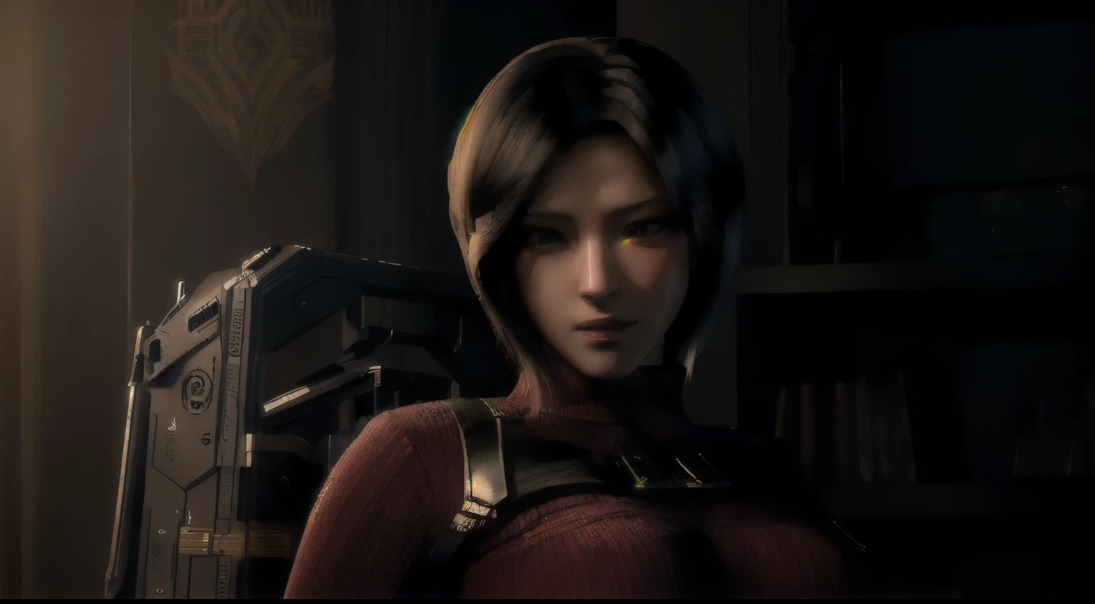 arafed woman in a dimly lit room, holding a walkie talky, 8k portrait render, glamorous jill valentine, deayami kojima, game cg, yayoi kasuma, rendered in sfm, portrait of tifa lockhart, hints of yayoi kasuma, perfect dark, photorealistic shot, video game render, faye valentine, female lead character