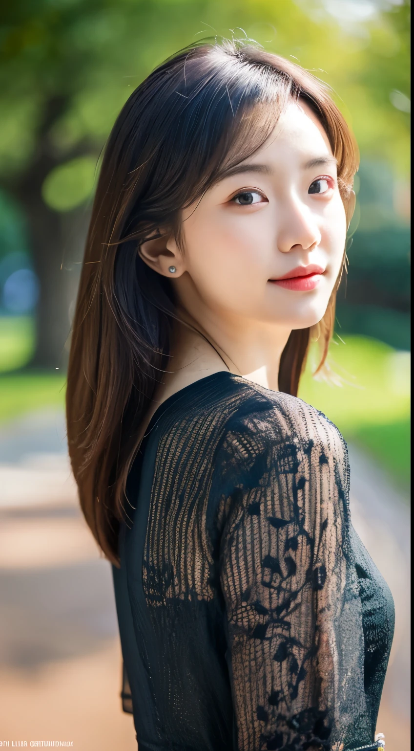 (Highly detailed body,Highly detailed face,Best quality at best:1.2) ,A woman who is,Professional Dress,Park in the background,Bright light