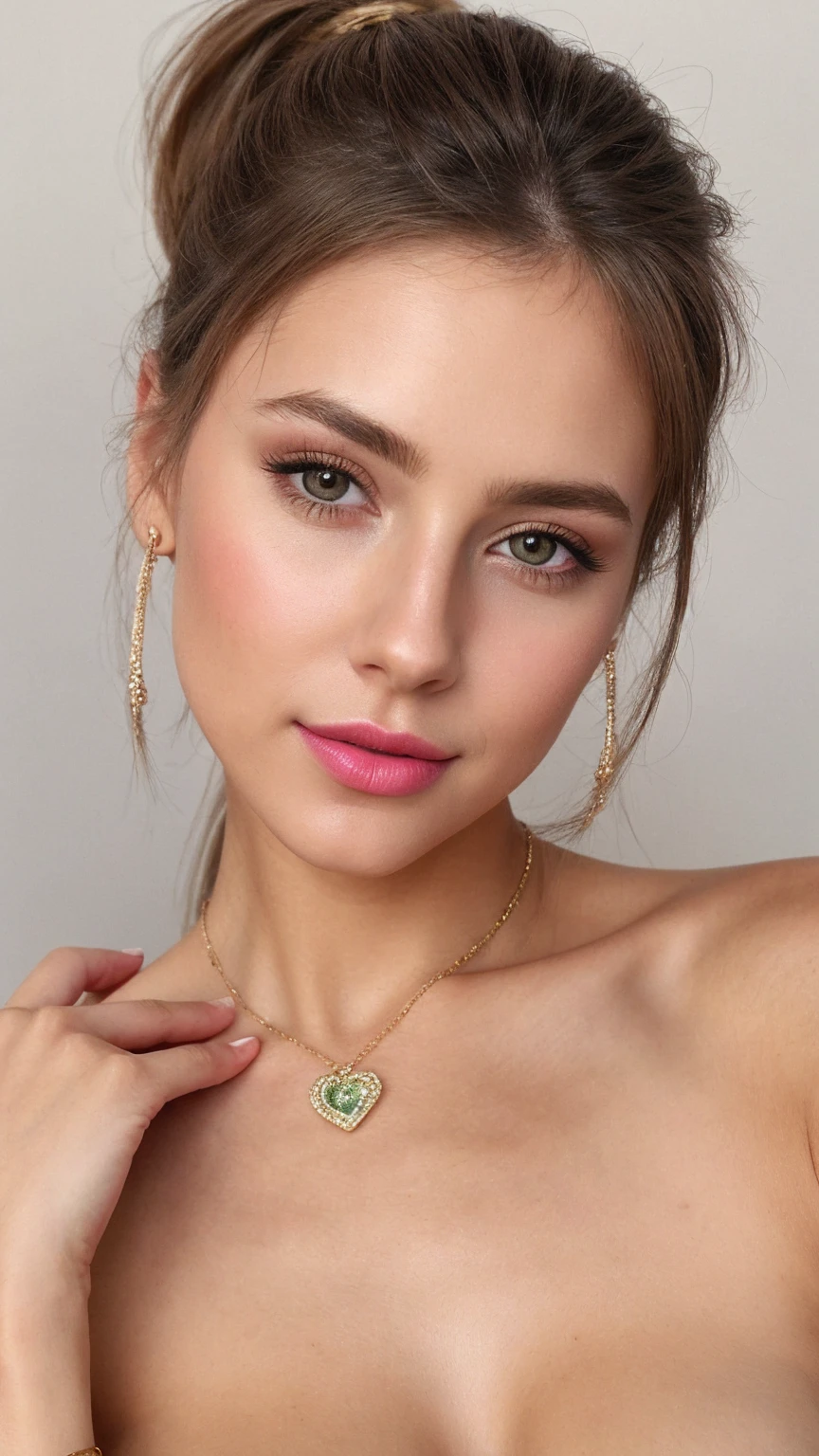 color photograph, close-up, ((a realistic photo of a beautiful girl)), (milalc), light, ((glowy skin)), looking_at_viewer, (fit body:1.0), ((medium breasts)), soldier,  beautyfull drees, jewelry,  neckless, wearing to many accessories, pink lipstick, shy, blushing,  high ponytail, detailed illustration, masterpiece, high quality, realistic, very detailed face,