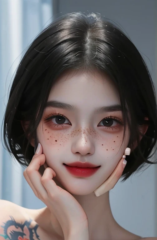 Highest quality, masterpiece, Ultra-high resolution, (Realistic: 1.4), RAW Photos, 1 Girl, Shiny skin, (Ultra-Realistic Details)), Portraiture, Global Illumination, Shadow, Octane Rendering, 8K, Ultra Sharp, big, South Korea details, Very intricate detail, Realistic Light, CGSoation Trend, Purple eyes, Glowing Eyes, To the camera, Neon Details,(Lighting on face:1.5)),((Delicately depicting the face:1.2)),((multicolored hair colors:1.2)),((Very short bob hair:1.2),(((Completely naked))),(((nsfw)))