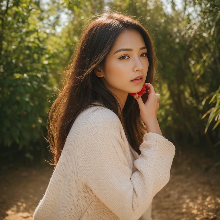 ((best quality, 8k, Masterpiece :1.3)), Sharp focus :1.2, sexy, Wearing old ripped jeans,) Wear a dark pink, tight-fitting, colorful, dark red shirt., Korean style, girl style. Long hair blows up with the force of the wind.,) White tattoo 25 years. perfect body beauty:1.4. In front of the camera. More intimate. clearer than this, outdoors in the countryside,) There is an old, thatched hut.,) There are red flowers around.,) Sunlight shines brightly in the evening, the sun is about to set, glistening °Full Body°, Highly detailed faces and textures, Detailed eyes, alone, Realistic photos:1.37 .. The fine texture of the tattooed skin.. hand tattoo. breasts tattoo , Shot with a high quality Fuji camera., Color light 45.,000,000 pixels ,)) Too realistic,)