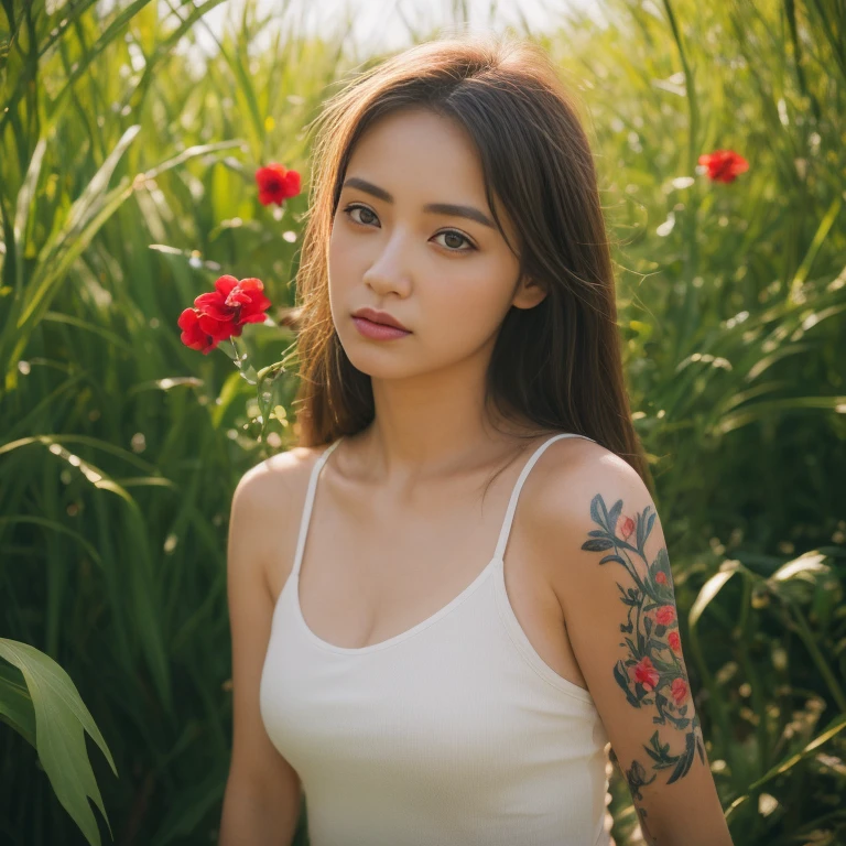 ((best quality, 8k, Masterpiece :1.3)), Sharp focus :1.2, sexy, Wearing old ripped jeans,) Wear a dark pink, tight-fitting, colorful, dark red shirt., Korean style, girl style. Long hair blows up with the force of the wind.,) White tattoo 25 years. perfect body beauty:1.4. In front of the camera. More intimate. clearer than this, outdoors in the countryside,) There is an old, thatched hut.,) There are red flowers around.,) Sunlight shines brightly in the evening, the sun is about to set, glistening °Full Body°, Highly detailed faces and textures, Detailed eyes, alone, Realistic photos:1.37 .. The fine texture of the tattooed skin.. hand tattoo. breasts tattoo , Shot with a high quality Fuji camera., Color light 45.,000,000 pixels ,)) Too realistic,)