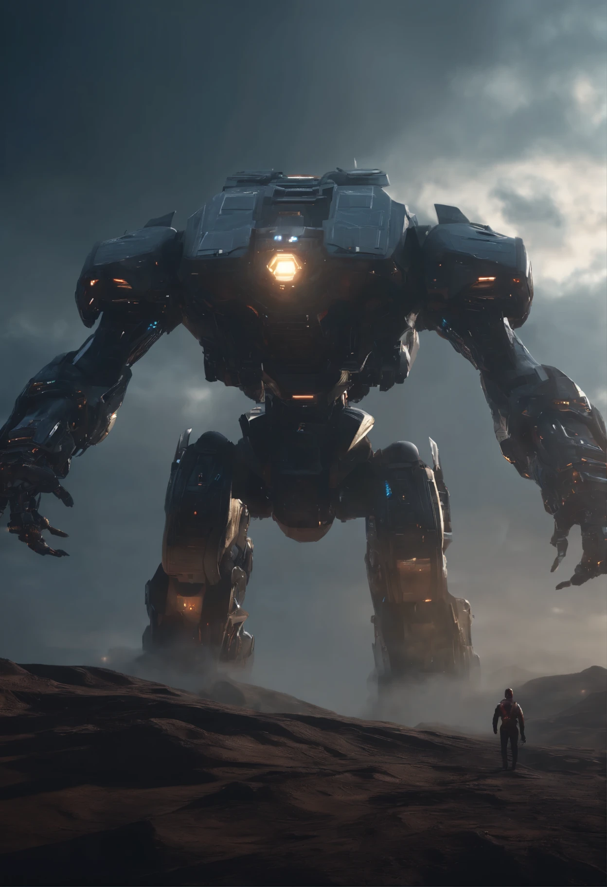 a humongous cyborg monster on the horizon, dutch angle from space view, concept art, high detail, intimidating, epic scale ultrawide angle, cinematic, Artstation trending, octane render, hyperrealistic, Cryengine 8k UHD