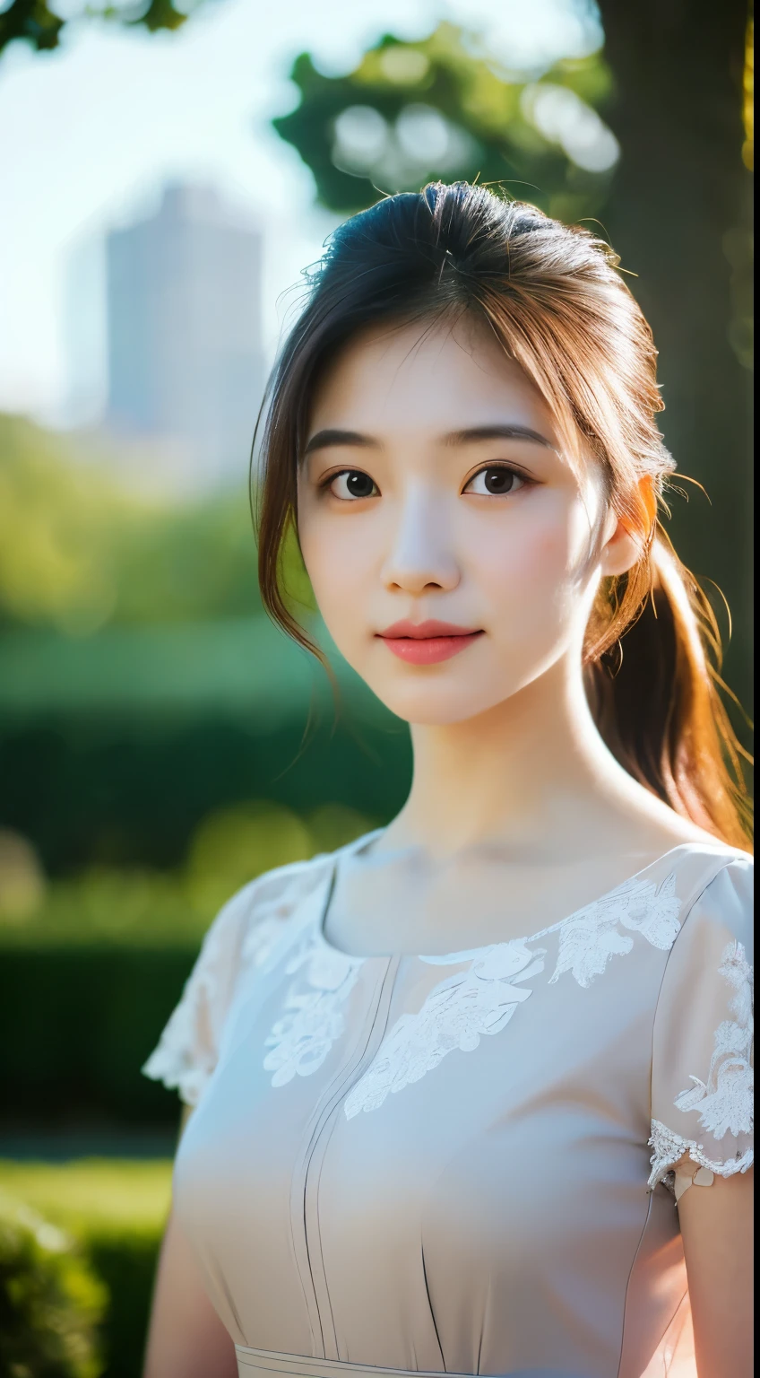 (Highly detailed body,Highly detailed face,Best quality at best:1.2) ,A woman who is,Professional Dress,Park in the background,Bright light