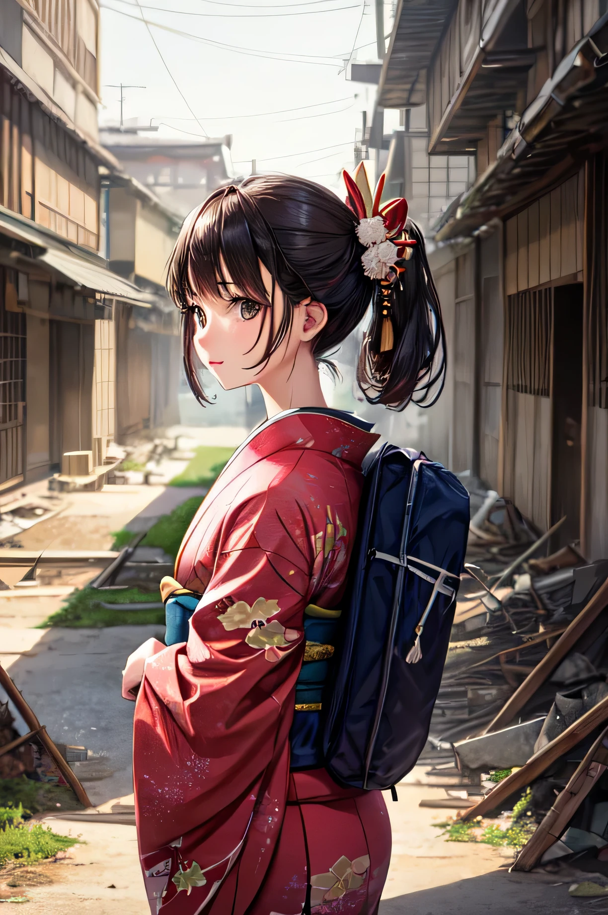 (detailed), Perfect Face,Kimono girl standing in ruins