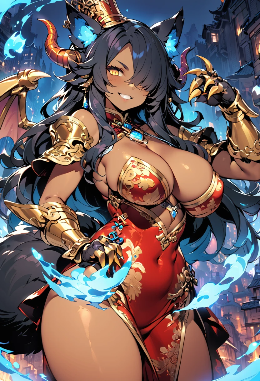 8k_wallpaper, extremely detailed eyes, extremely detailed body, (large masterpiece digital art), (detailed manga illustration), (detailed line art), ((perfect )), (intricate details:1.3), (ultra-detailed:1.3), (illustration:1.3), (sharp focus:1.3), (natural lighting:1.05), (vivid colors:1.3), (masterpiece), (best quality:1.4), (perfect :1.4), high quality, expressive eyes, full body, detailed face, beautiful face, perfect face, 1girl, dark skin, animal ears, black sclera, smile, colored sclera, , solo, monster girl, black hair, (wolf ears), , curvy, wide , long hair, ((gold eyes)), claws, grin, fur, looking at viewer, collar, dynamic pose, tail, wolf tail, dragon horns, wings, sadistic smile, hair over eye, {regal outfit}, tiny top hat, (hellscape background), blue fire, curvy, china dress, dark skin,