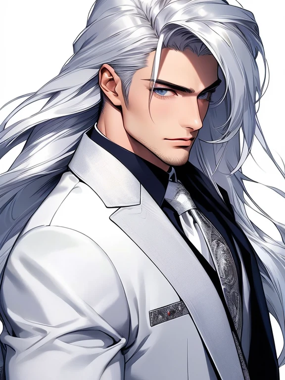 (masterpiece), (best quality), (over-detailed), man, masterpiece, white man, man, white guy, best quality, over-detailed, guy, man, detailed eyes, ((detailed face)), (long straight platinum hair), (very long straight platinum hair), blue eyes, business suit, abs, toned muscles, (((straight long platinum hair)), (very long platinum hair), straight hair, long hair), beautiful male face, masterpiece, best quality, over-detailed, (illustration), anime style, realistic handsome, mature man, hot, sexy guy, mature man, (strong jawline), realistic handsome face, face dressed in business suit, (reference sheet), reference sheet, (face from different angles)