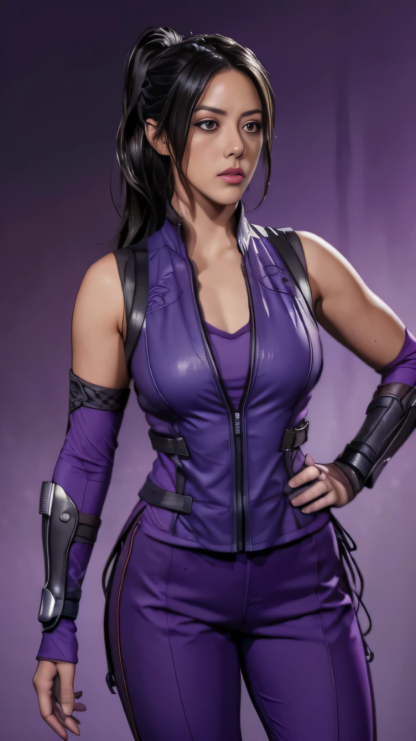 ((Chloe Bennet)) as Li Mei from Mortal Kombat, black hair, brown eyes, ponytail, shoulder tattoo, purple dress, vest, gauntlets, purple pants, pelvic curtain, 1woman, solo, full body view, front view, looking at viewer, intricate, high detail, sharp focus, dramatic, photorealistic painting art by greg rutkowski