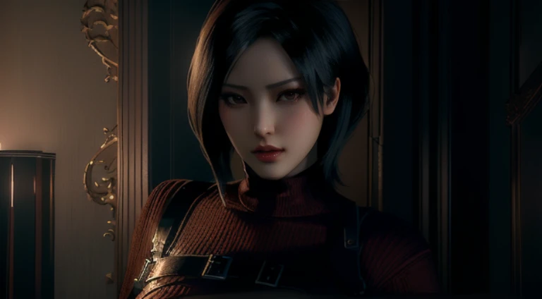 arafed woman in a dimly lit room, 8k portrait render, glamorous jill valentine, deayami kojima, game cg, yayoi kasuma, rendered in sfm, portrait of tifa lockhart, hints of yayoi kasuma, perfect dark, photorealistic shot, video game render, faye valentine, female lead character 