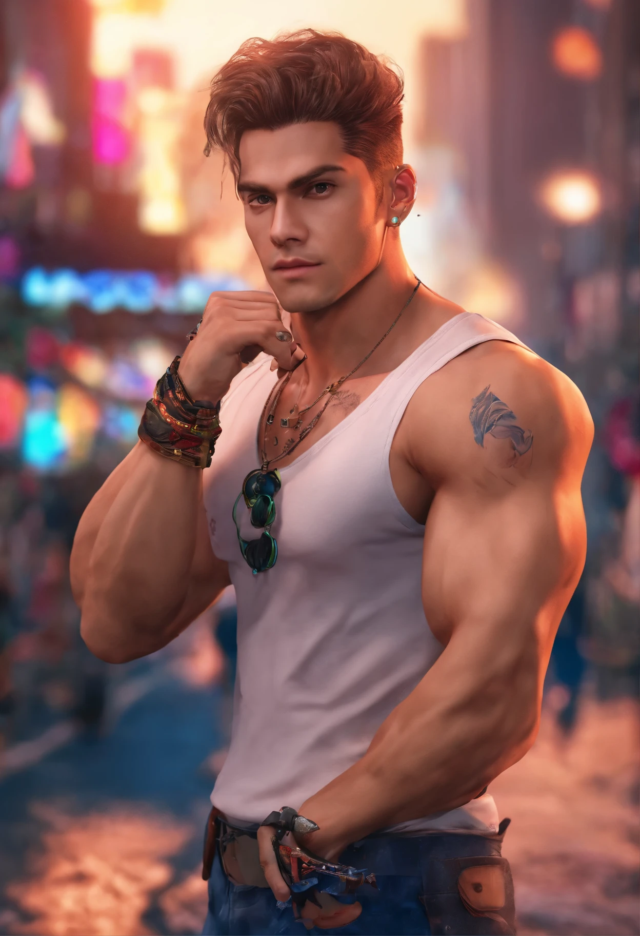 Young man, short blond hair, handsome face, tired expression, green eyes, large muscles, hyper pectoral, thick thigh, large butt. He's wearing a low-cut tank top, black pants, a backwards hat, and a silver chain around his neck, Big bulge. Scenery, party at night.