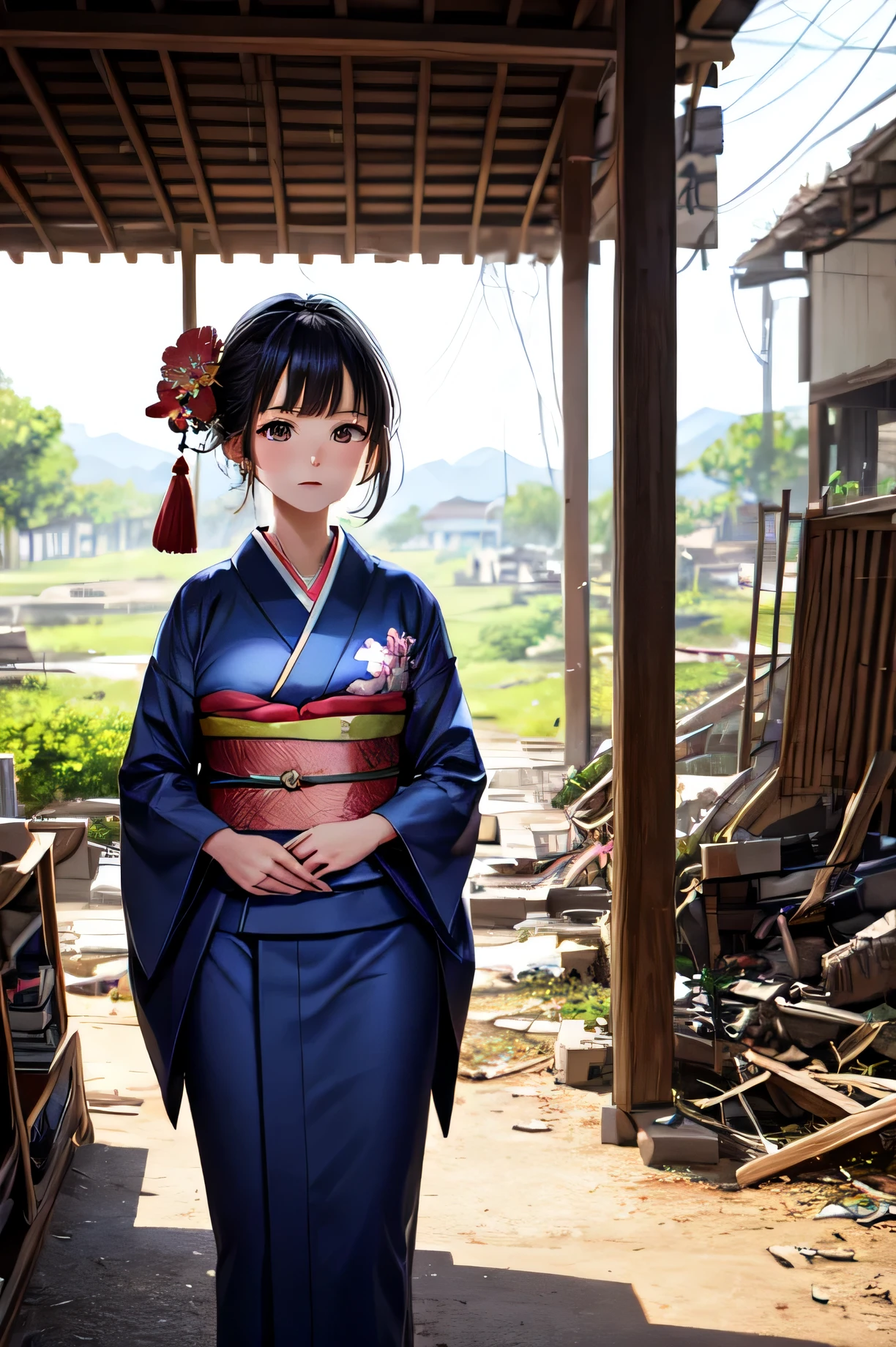 (detailed), Perfect Face,Kimono girl standing in ruins,survival