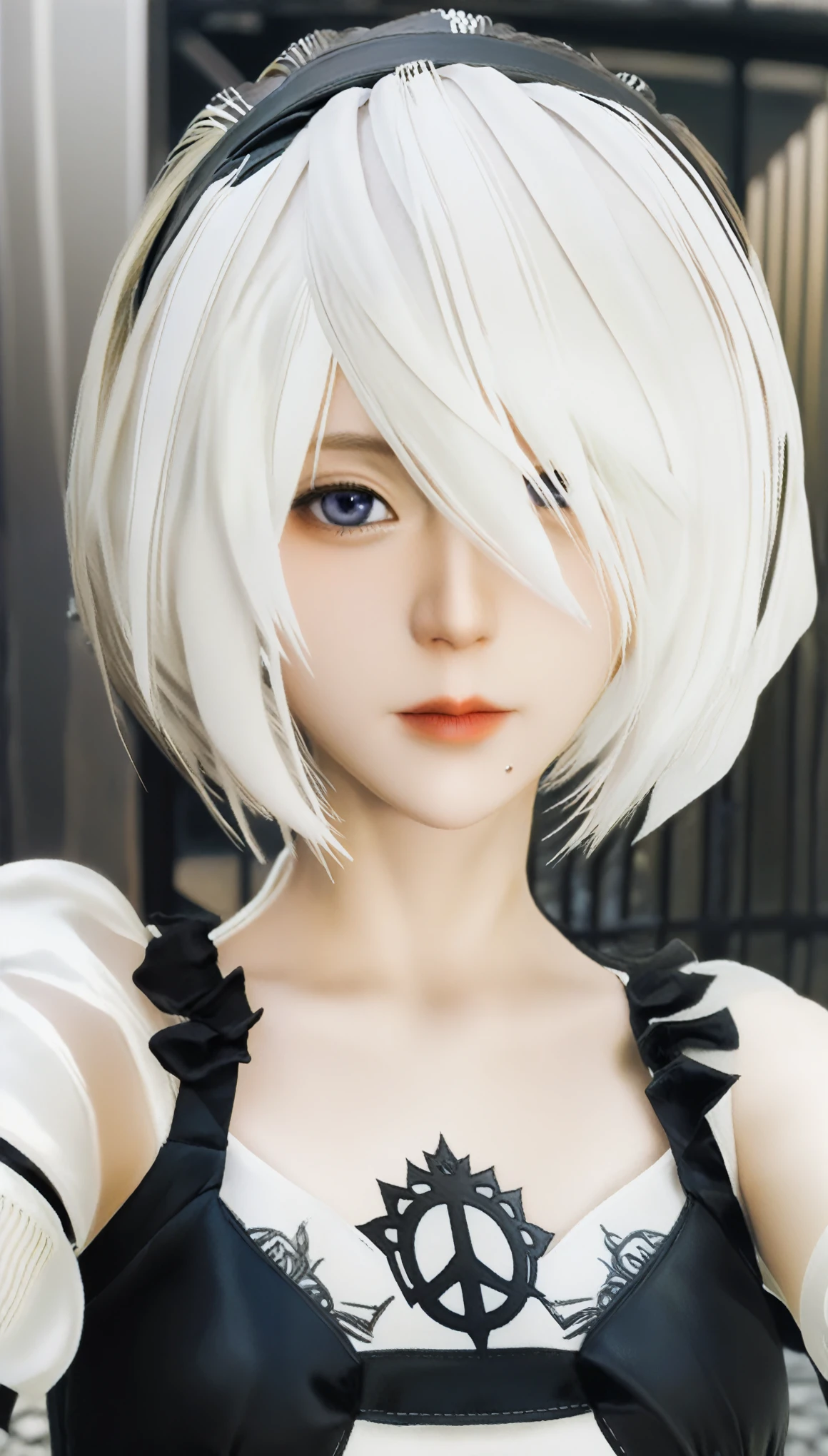 RealのSelfie、nier:Beautiful cosplay of 2B from Automata、2B takes a selfie、2Bのコスプレをした女性のSelfie、White skin、tall、Great style、Big Breasts、Small face、Small head、High nose、Beautiful Face、30 years old、British women、Half British、nier:2B&#39;s black costume from Automata、Stylish background、Light background、Blur the background、Fantasyな都市を背景に、peace sign、((2BのSelfie))、((Focus Zoom))、((Face Enhancement))、Shooting from a diagonal angle、masterpiece、highest quality、high resolution、コスプレイヤーのSelfie、Selfie、Professional Photoodel、Fantasy、Glaring at the audience、Angry expression、Cosplay Makeup、Real Cosplay Photo、Cool and beautiful photos、Wrapped in a pale white glow、good looking