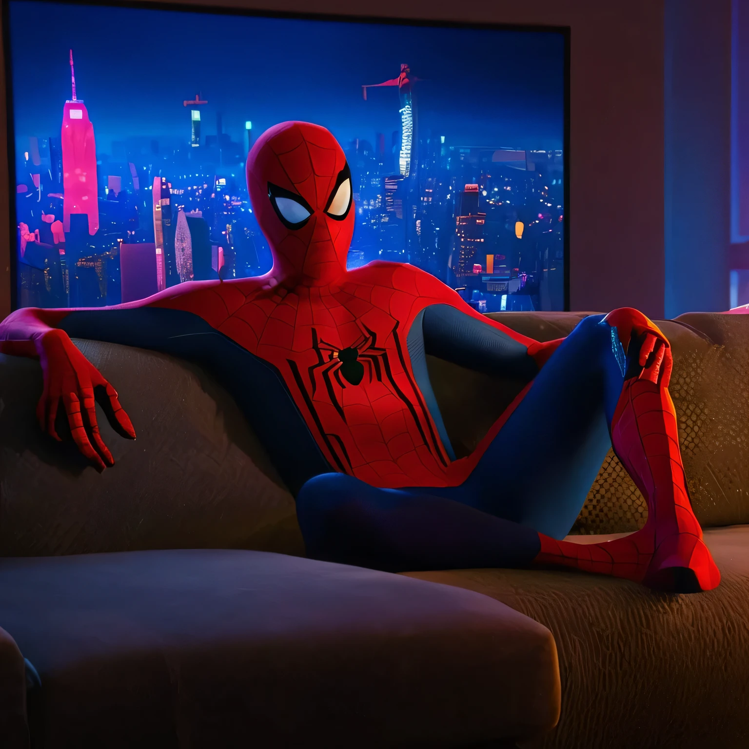 Deadpool - man sitting on a couch watching a movie on a big screen, into the spiderverse, spider-man, spider - man, into the spider verse, 4 k'', spiderman, spiderverse, marvel character, spiderman!!, cinematic mode, cinematic view!!!, expansive cinematic view, spiderman in the moshpit, portrait of spiderman, absolutely outstanding image