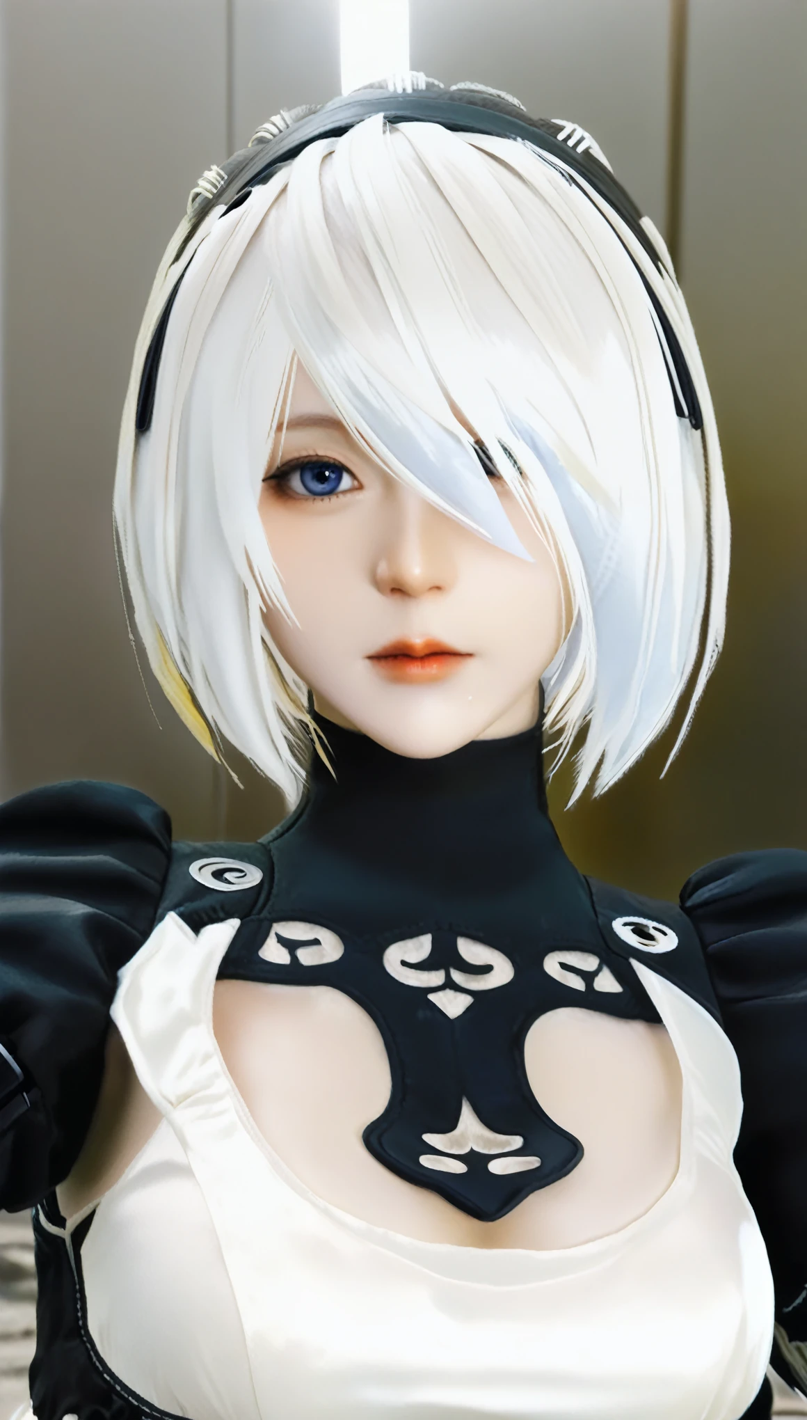 RealのSelfie、nier:Beautiful cosplay of 2B from Automata、2B takes a selfie、2Bのコスプレをした女性のSelfie、White skin、tall、Great style、Big Breasts、Small face、Small head、High nose、Beautiful Face、30 years old、British women、Half British、nier:2B&#39;s black costume from Automata、Stylish background、Light background、Blur the background、Fantasyな都市を背景に、peace sign、((2BのSelfie))、((Focus Zoom))、((Face Enhancement))、Shooting from a diagonal angle、masterpiece、highest quality、high resolution、コスプレイヤーのSelfie、Selfie、Professional Photoodel、Fantasy、Glaring at the audience、Angry expression、Cosplay Makeup、Real Cosplay Photo、Cool and beautiful photos、Wrapped in a pale white glow、good looking