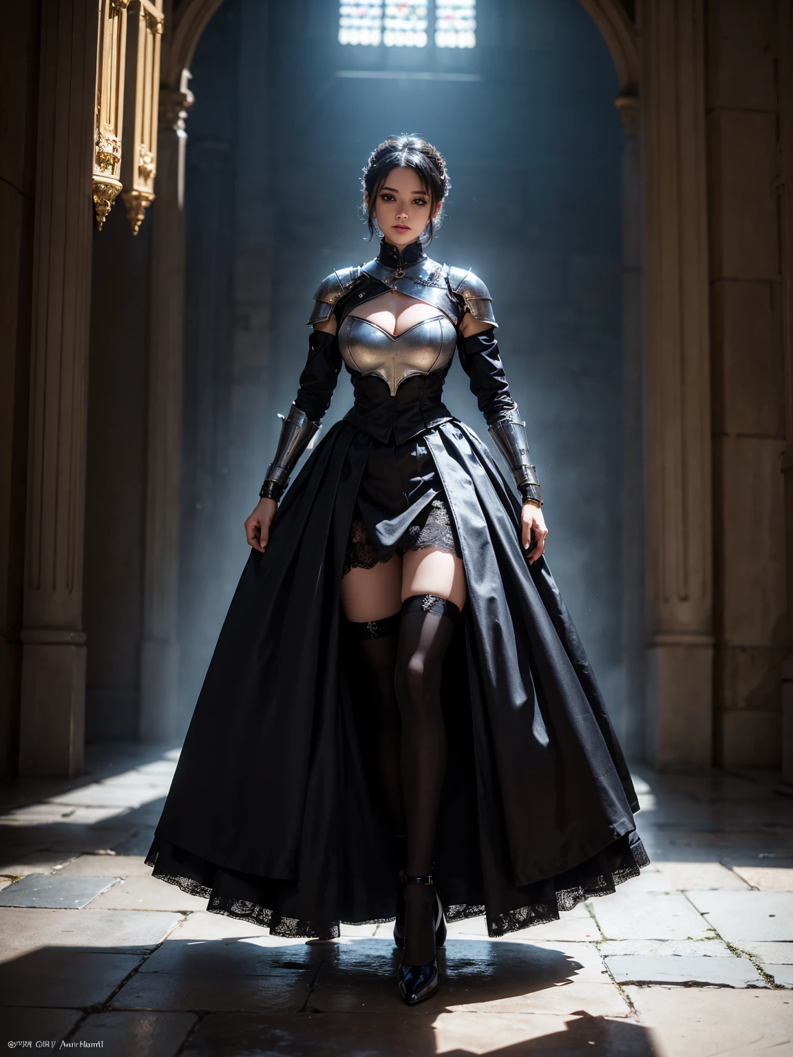 (((full image:1.5, show full body, standing:1.8, facing viewer, the front body facing directly to the front of camera, show body from head to toe))), huge breast:1.5, tall body, fit body, pale skin, ((standing perfectly)), a woman wearing black dress with armor(black armor, chest armor), long sleeves, show steel pauldrons, skirts, lace stockings, show heels, short hair with updo. knight, Princess knight, lady knight, knightess, medieval, fantasy. High quality:1.3, Professional lighting:2.0, realistic:1.2, 4k resolution, high resolution, detailed skin, finely detail, perfect details, masterpiece:1.1, centered image, centered focus camera view, balanced focus camera. Outdoor, bright sky, sunlight.