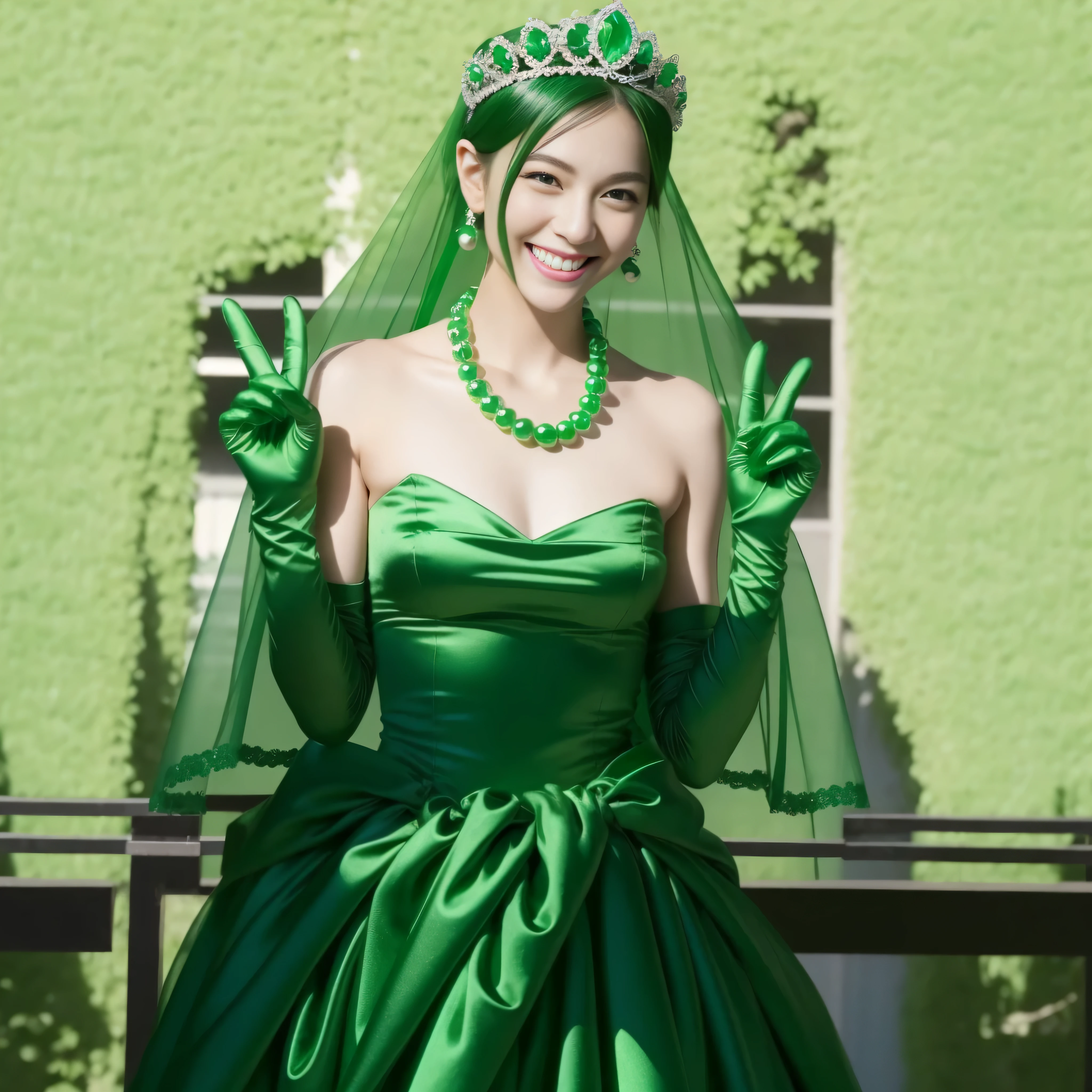 Emerald tiara, Green Pearl Necklace, Boyish very short green hair, lipstick, Smiling Japanese woman, Very short hair, Big tits beautiful, Green Eyes, Long green satin gloves, Green Eyes, Emerald Earrings, Green Veil, v sign