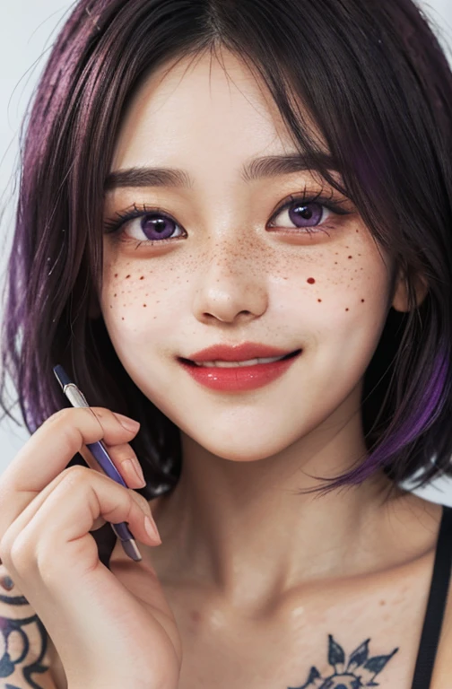 1 girl, 23 years old, south korean, idol, masterpiece, perfect face, soft skin, freckles under eyes, short whavy purple hair, bob hair, shining purple eyes, red eyeliners, red lips, tattoo in neck, big smile, closed mouth, touching cheeck, natural makeup, soft lighting, bright colors, face focus, face closeup.