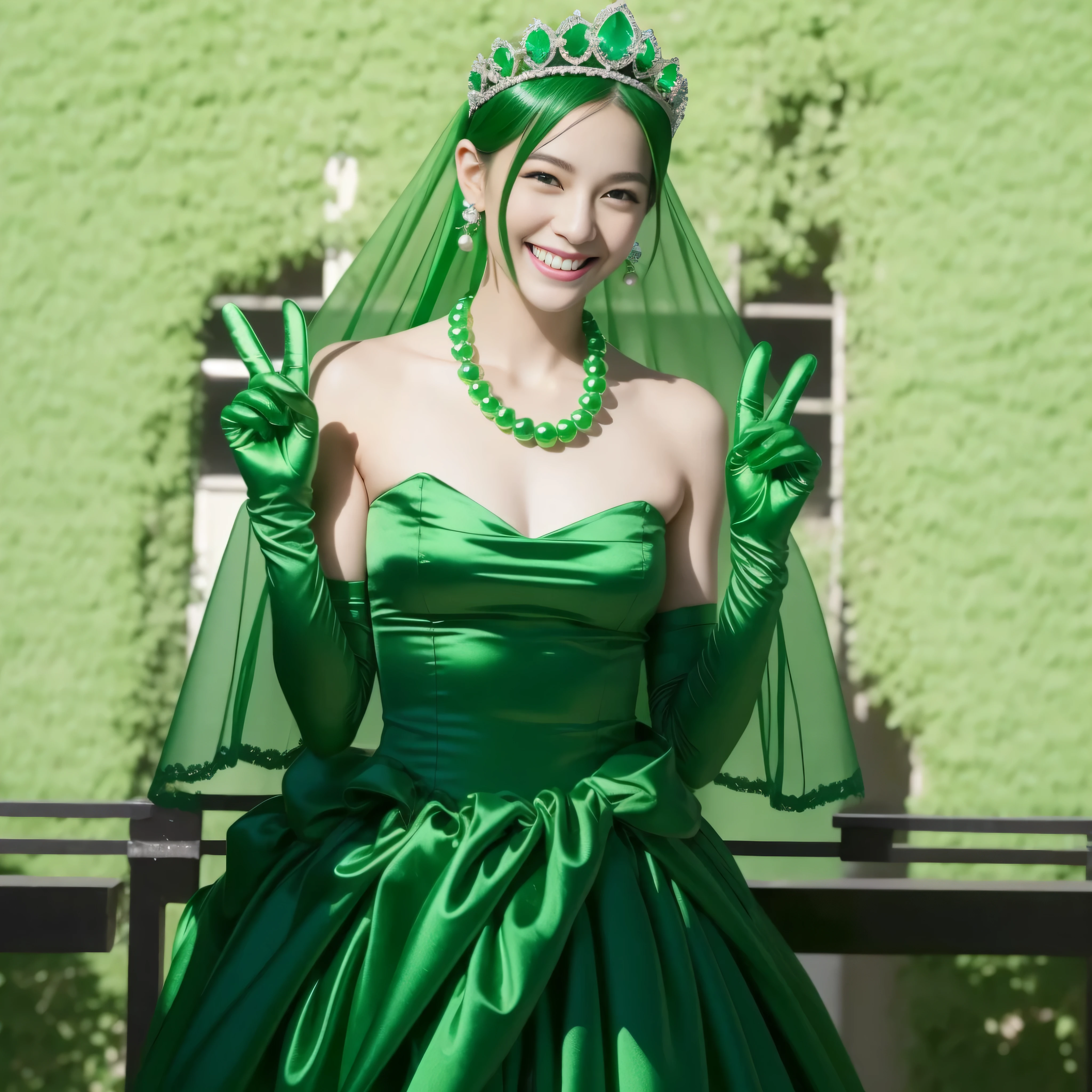 Emerald tiara, Green Pearl Necklace, Boyish very short green hair, lipstick, Smiling Japanese woman, Very short hair, Big tits beautiful, Green Eyes, Long green satin gloves, Green Eyes, Emerald Earrings, Green Veil, v sign