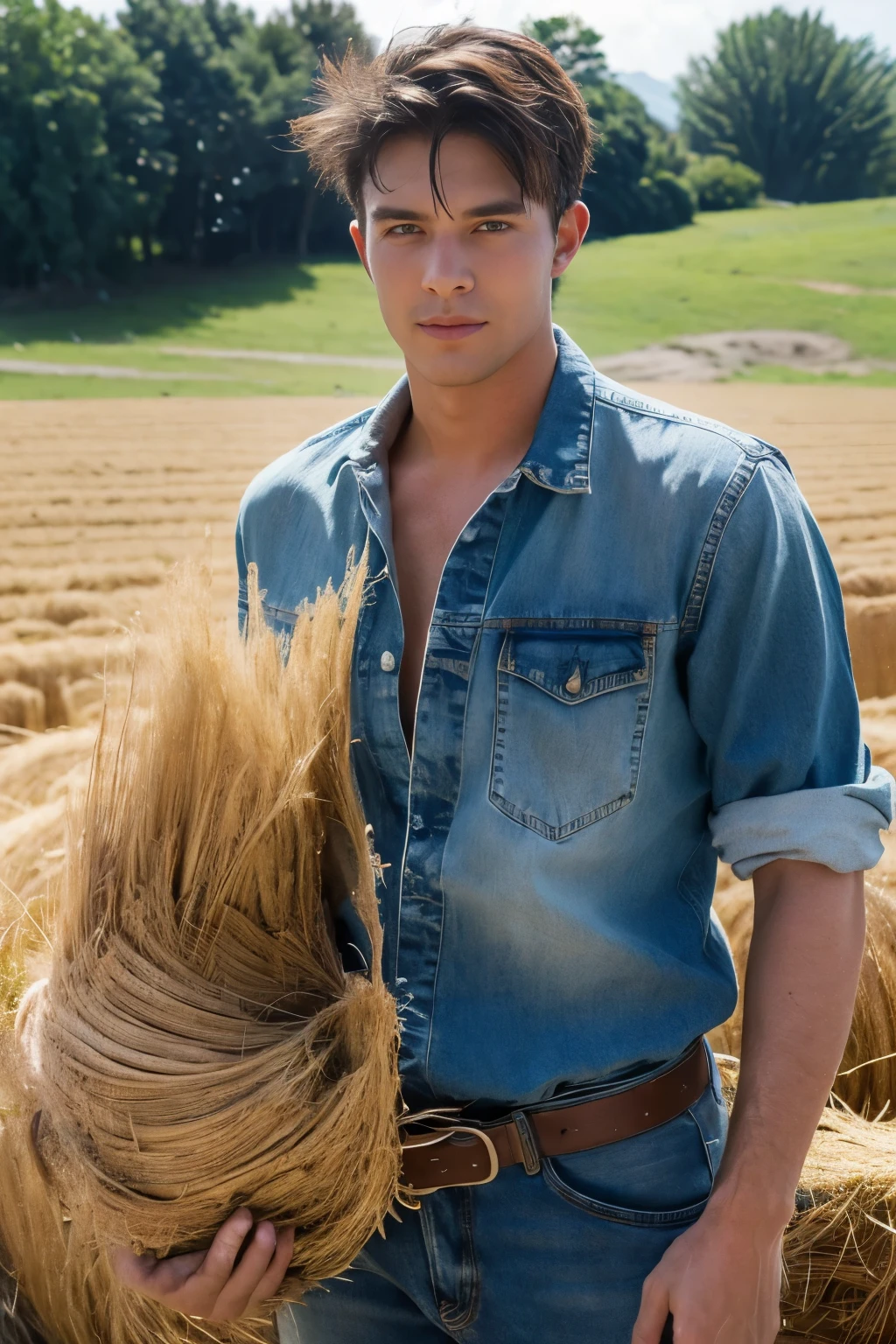 30 year old man，a handsome，open Jeans, no shirt, Work in the field, ardent, suntan, sweaty, carries a sheaf of hay, Cowboy on the Ranch，（Detailed eyes：1.3），BazleColor Eye，full bodyesbian