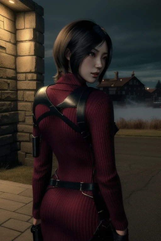 (masterpiece, best quality:1.4), insaneres, absurdres, solo, looking at viewer,BREAK GAME_ResidentEvil4Remake_AdaWong_ownwaifu, 1girl, asian, black hair, short hair, brown eyes, lips, bangs, large breasts, red lips, makeup, lipstick, sweater, dress, gloves, holster, shoulder holster, black gloves, turtleneck, turtleneck sweater, sweater dress, ribbed sweater, long sleeves, harness, belt, holding gun, red sweater, red dress, (contrapposto, hand on hip), night time, sidelighting, outdoors, depth of field,