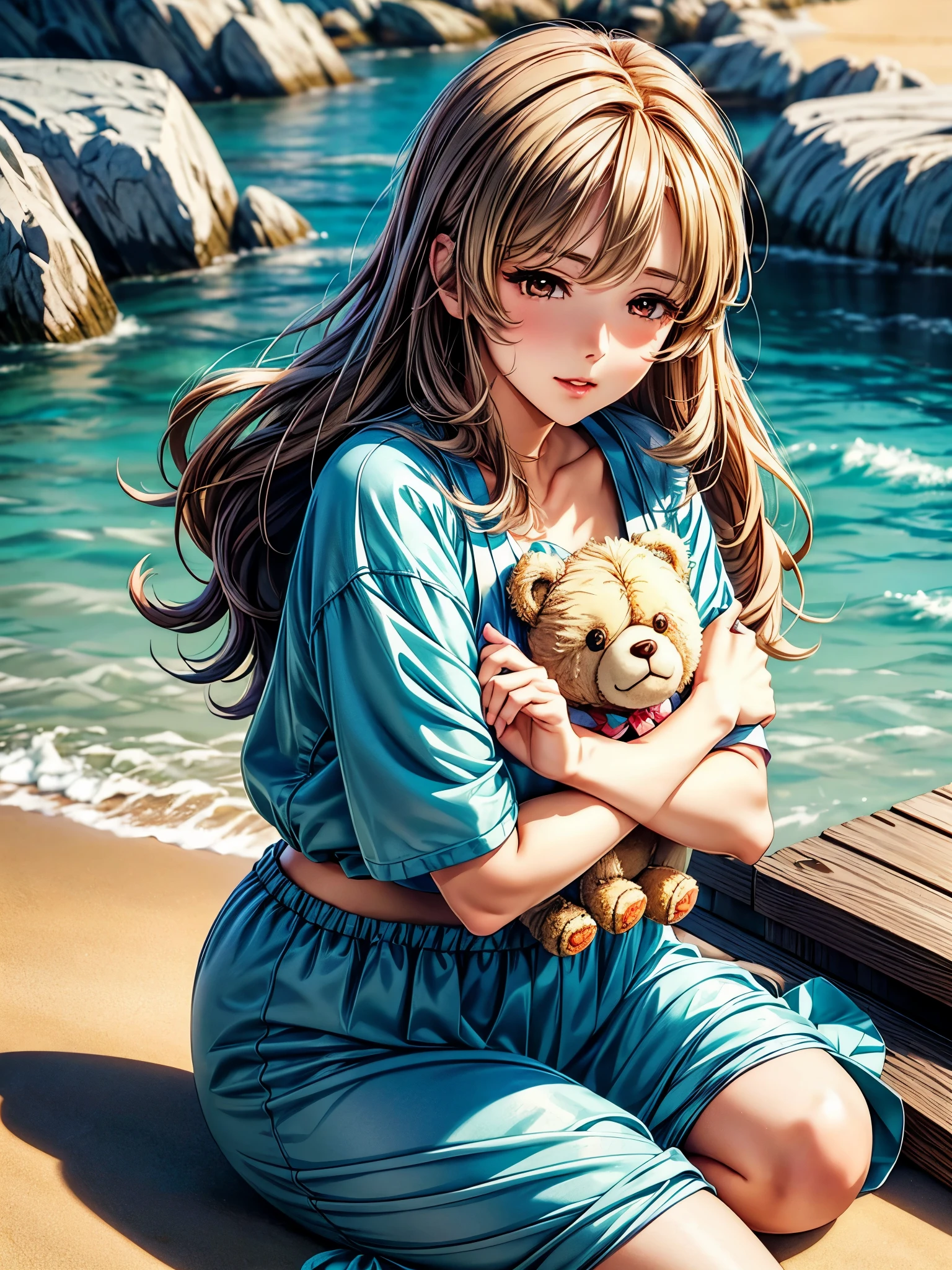 A woman hugs a teddy bear on the beach, Kawaii realistic portrait, Cute anime girl, Anime visuals of cute girls, Smooth anime CG art, Artwork in the style of Guweiz, portrait of Cute anime girl, Lovely portrait, Beautiful anime portrait, Beautiful anime girl, Cute anime girl portrait, Realistic anime 3D style