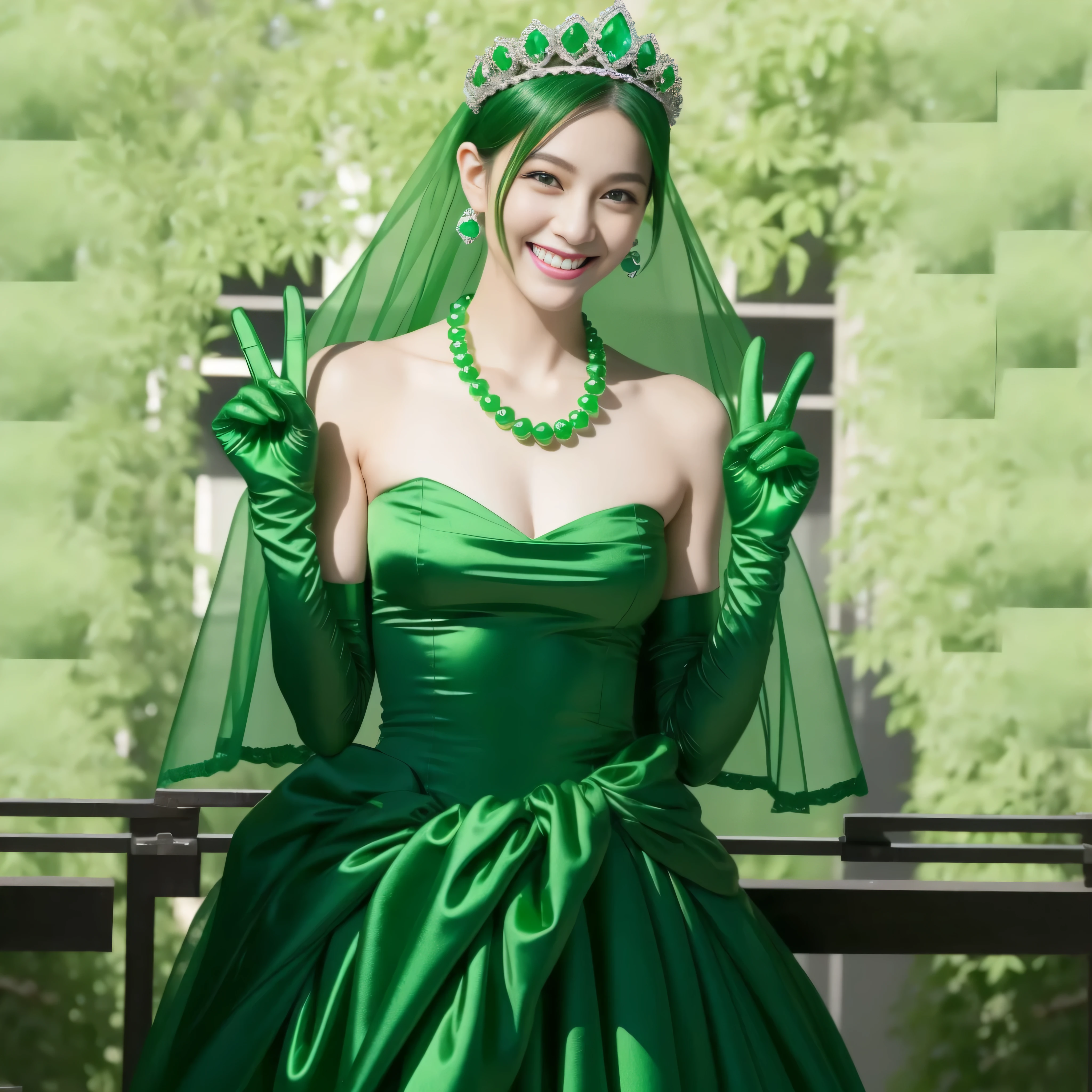 Emerald tiara, Green Pearl Necklace, Boyish very short green hair, lipstick, Smiling Japanese woman, Very short hair, Big tits beautiful, Green Eyes, Long green satin gloves, Green Eyes, Emerald Earrings, Green Veil, v sign