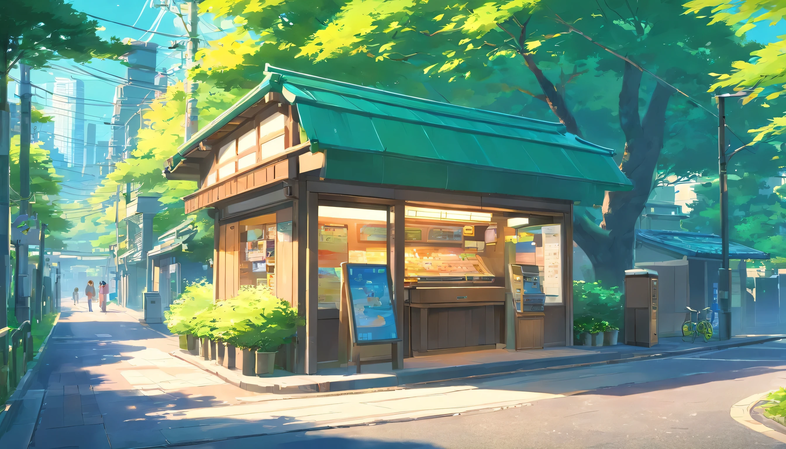 Beautiful Japanese street under shadow, camera focus on kiosk, grass and trees look great, although not in abundance,