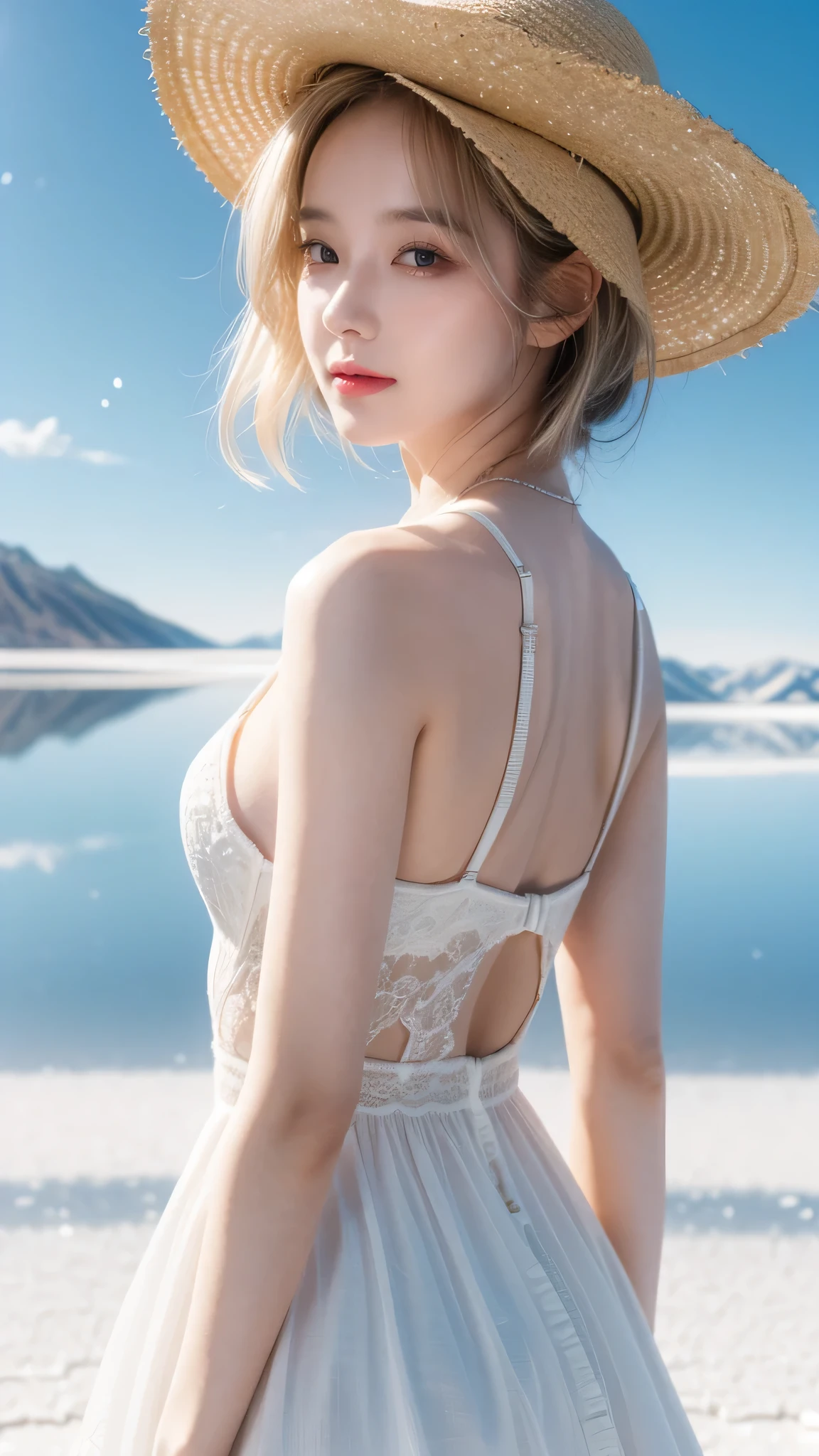 Unbeatable masterpiece, Ultra photo realsisim, Perfect artwork, Intricate details, Best quality, Strong light,High contrast, Sunflower field , cute kawaii girls ,(Sweat:0.5) , arms back behind , White knee-length camisole dress , Straw hat , Smile,Strong light , Sunlight , Wind , Summer sky ,incoming , Attack , Magic effects , Fireworks .light bloom , Lens flare , (far from viewer:1.1), High quality , Best , high resolution , best qualtiy , Award-Awarded , Highly detailed .ultra extreme details , Masterpiece ,