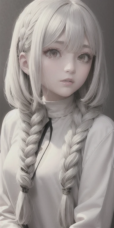 highest quality, masterpiece,Gray Hair, Golden Eyes,White clothes, look up, Upper Body,hair,Fair skin,Side braid