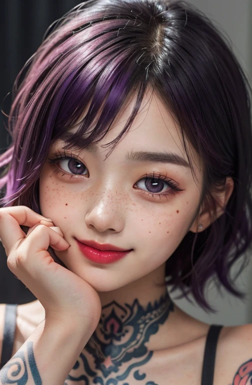 1 girl, 23 years old, south korean, idol, masterpiece, perfect face, soft skin, freckles under eyes, short whavy purple hair, bob hair, shining purple eyes, red eyeliners, winking, red lips, tattoo in neck, big smile, closed mouth, touching cheeck, natural makeup, soft lighting, bright colors, face focus, face closeup.