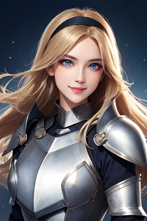 mascara, glowing background lights, 1 grl, full lips, long hair, close up, glowing, smiling, happy smile, blonde, gorgeous face, looking at you, looking at camera, eye contact, blue eyes, hair wind, glowing, beautiful eyes, steel breastplate, dark theme, watching you, gorgeous hair, rim lighting, steel armor, magical lights, plate armor, light (brown) headband,
