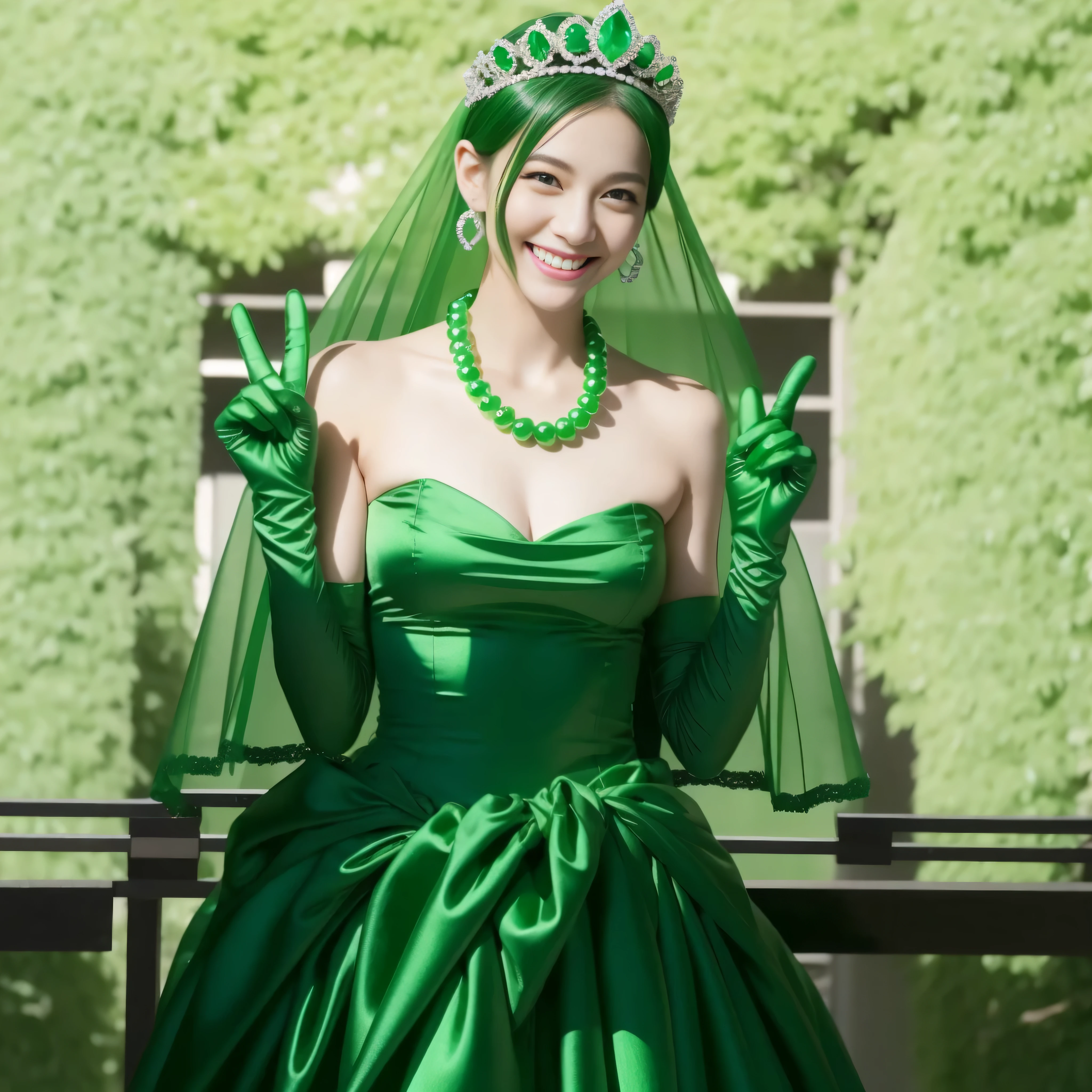 Emerald tiara, Green Pearl Necklace, Boyish very short green hair, lipstick, Smiling Japanese woman, Very short hair, Big tits beautiful, Green Eyes, Long green satin gloves, Green Eyes, Emerald Earrings, Green Veil, v sign